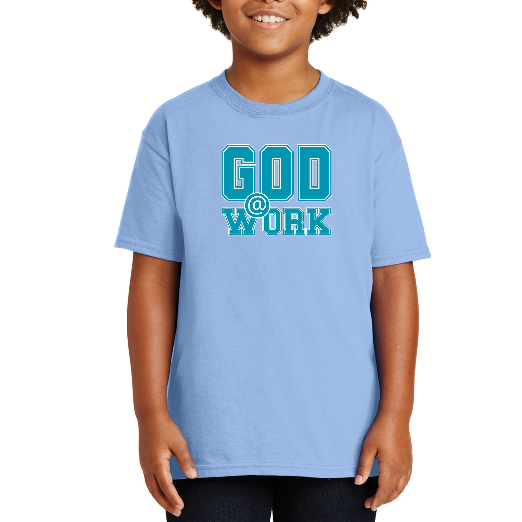 Youth Short Sleeve Graphic T-shirt in blue, green, and white with 'God @ Work' print, showcasing a comfortable and stylish design.