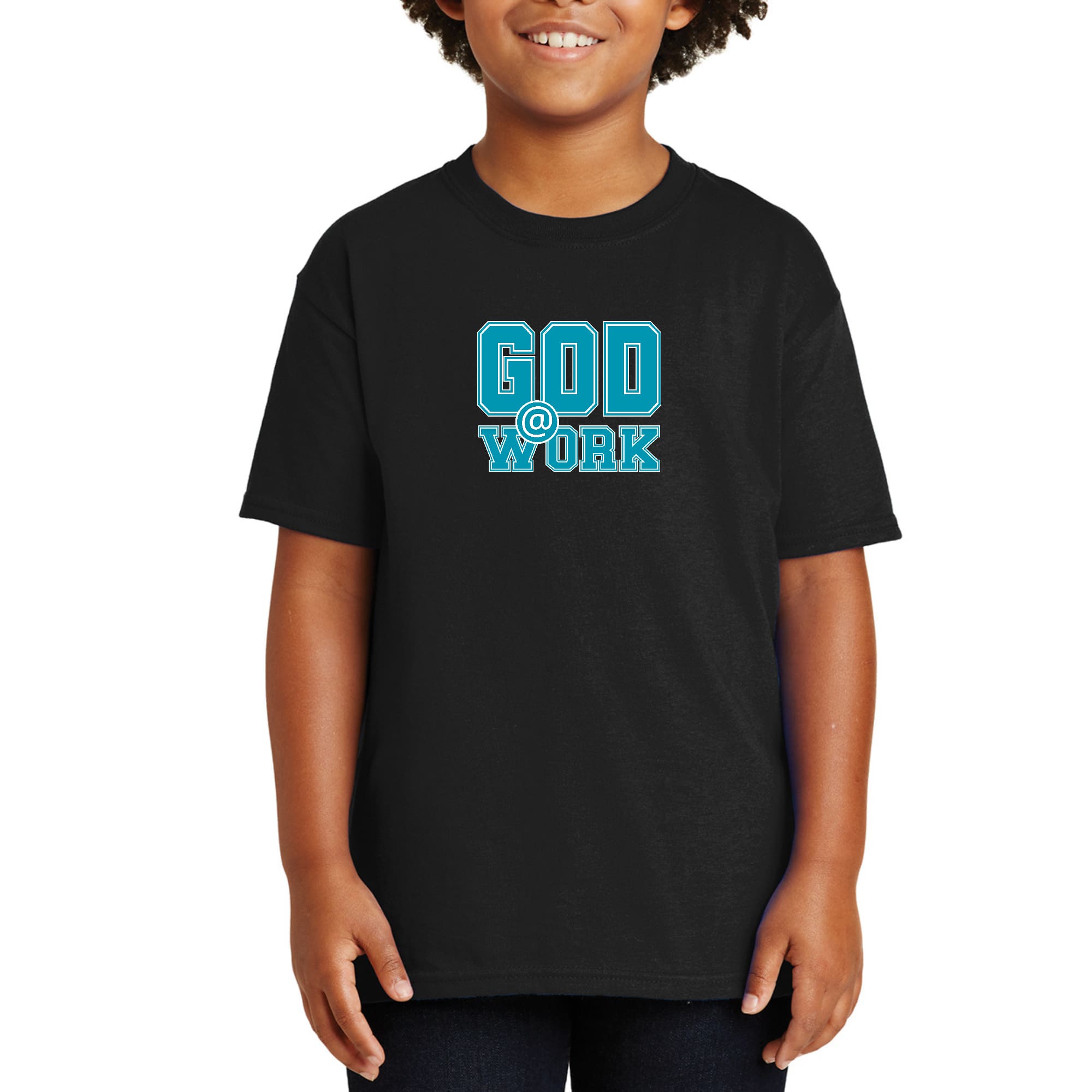 Youth Short Sleeve Graphic T-shirt in blue, green, and white with 'God @ Work' print, showcasing a comfortable and stylish design.