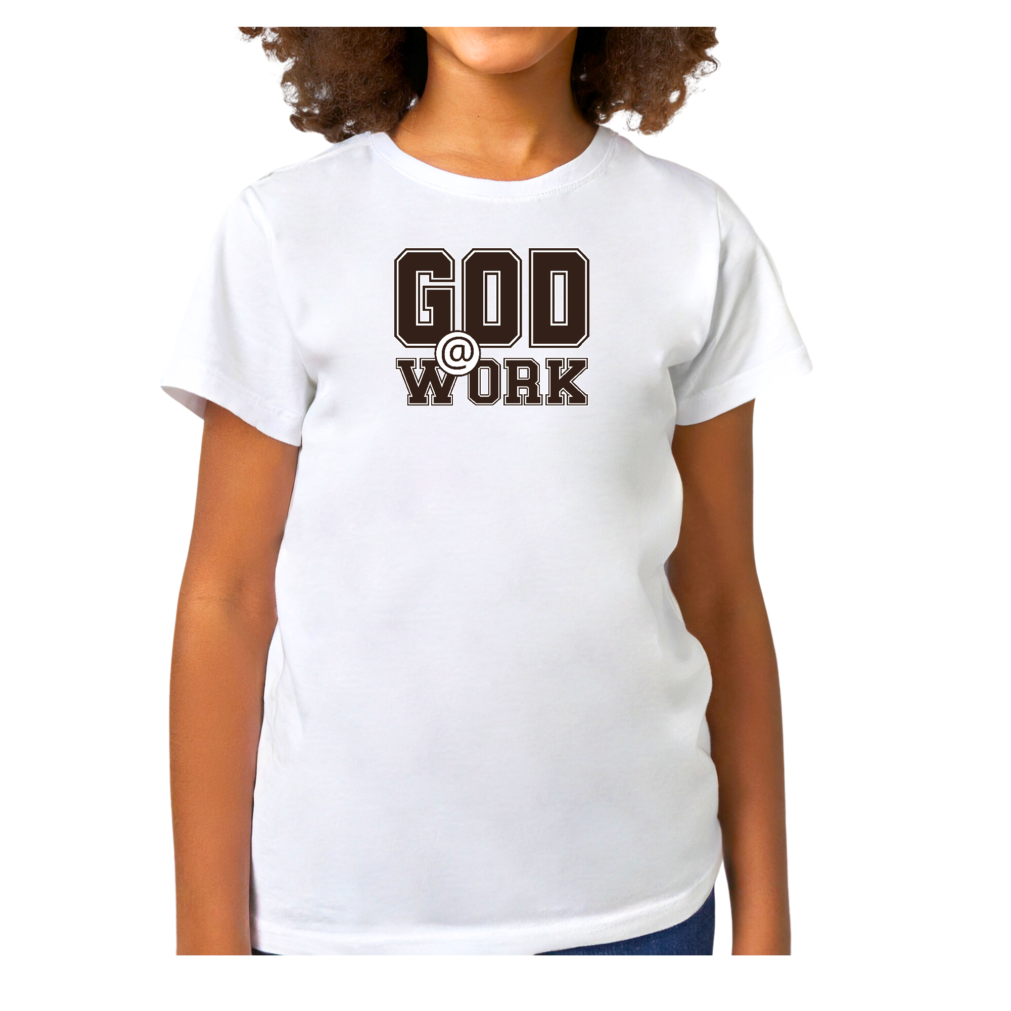 Youth short sleeve graphic T-shirt featuring God @ Work print in brown and white, made from soft preshrunk cotton.
