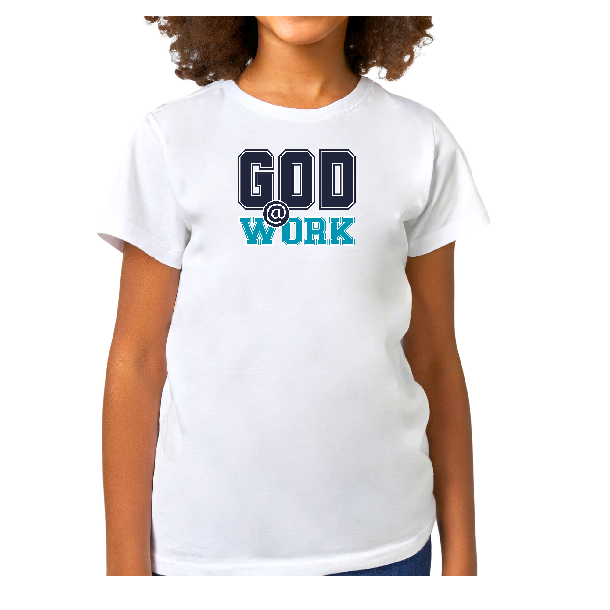 Youth short sleeve graphic T-shirt in navy blue featuring 'God @ Work' print, made from soft preshrunk cotton.