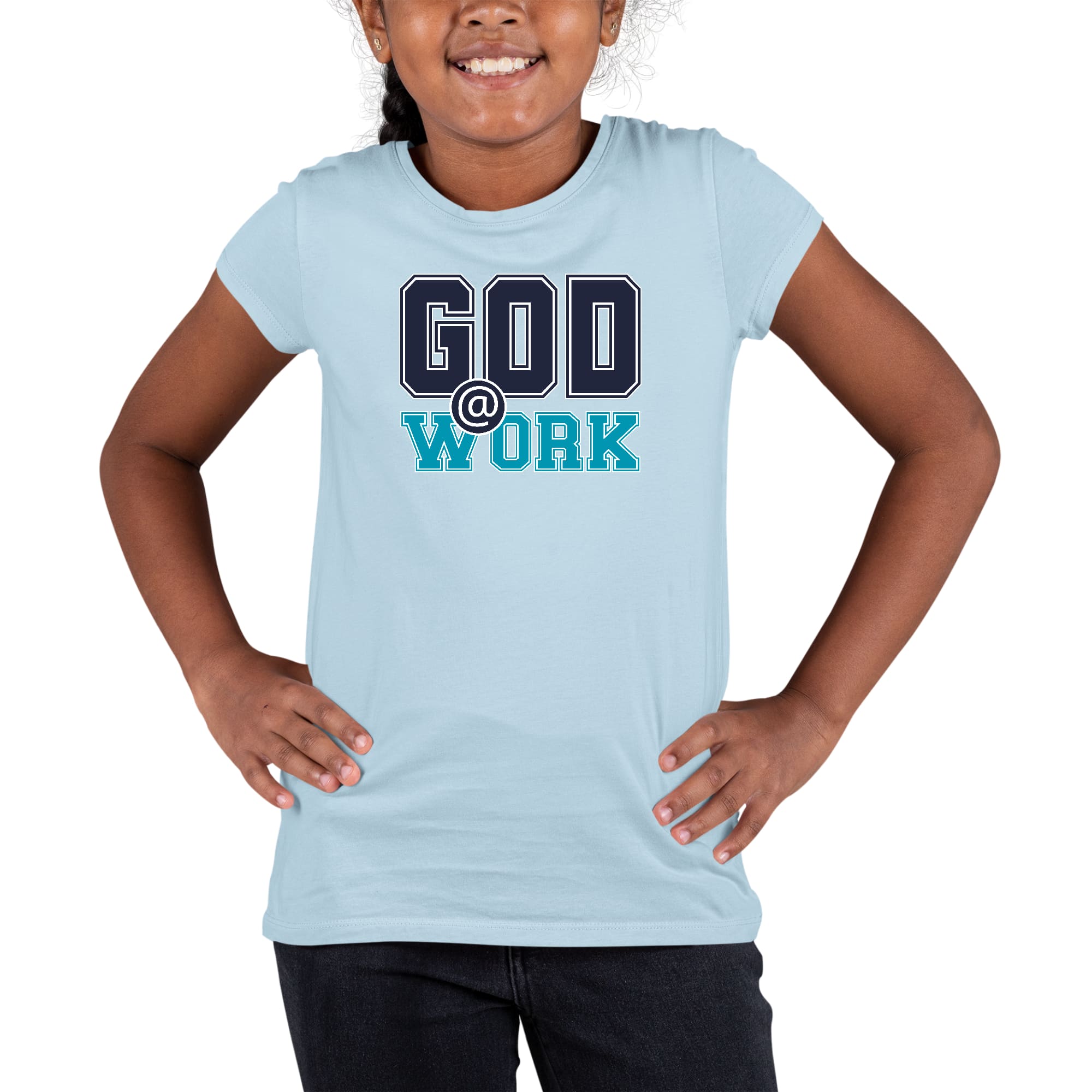 Youth short sleeve graphic T-shirt in navy blue featuring 'God @ Work' print, made from soft preshrunk cotton.