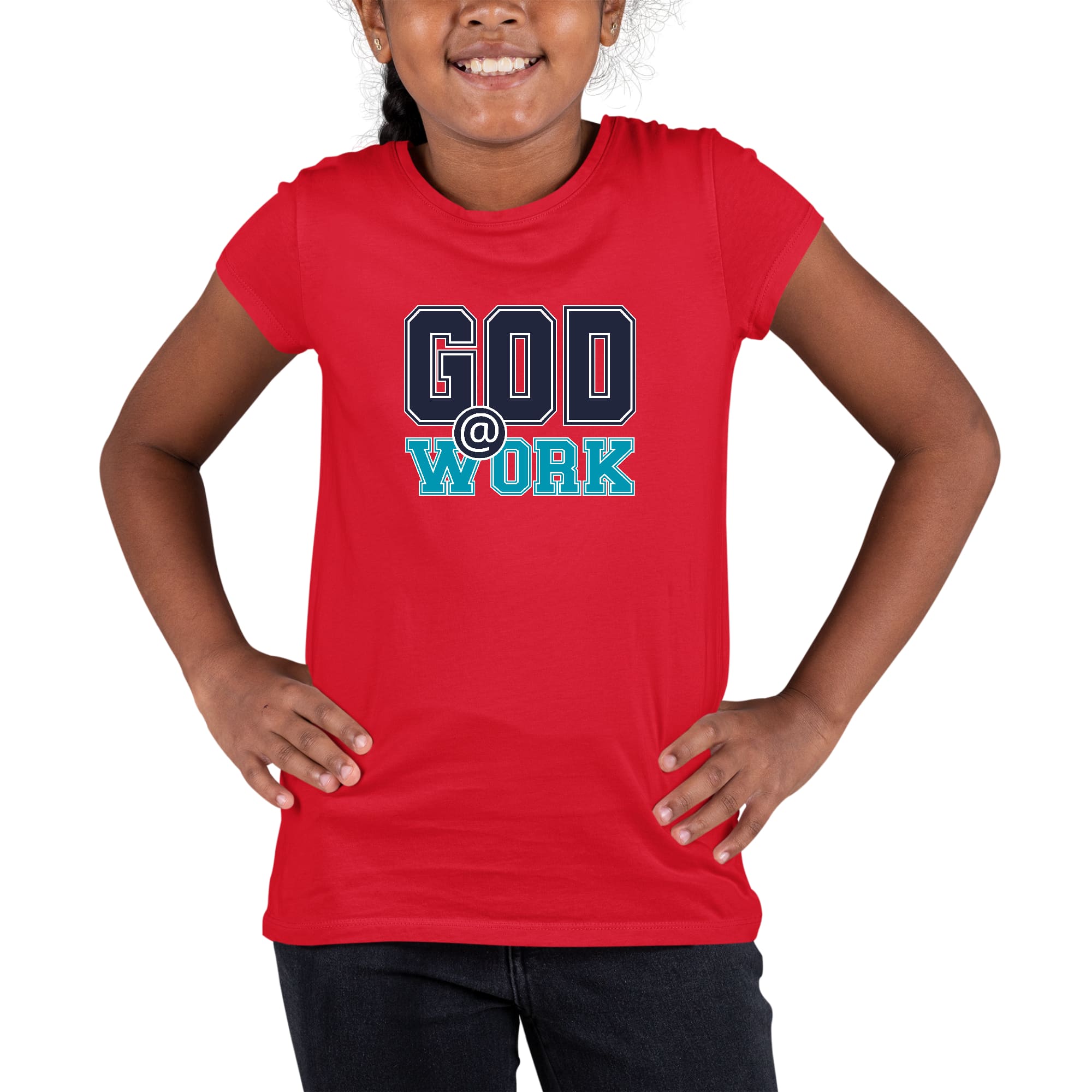 Youth short sleeve graphic T-shirt in navy blue featuring 'God @ Work' print, made from soft preshrunk cotton.