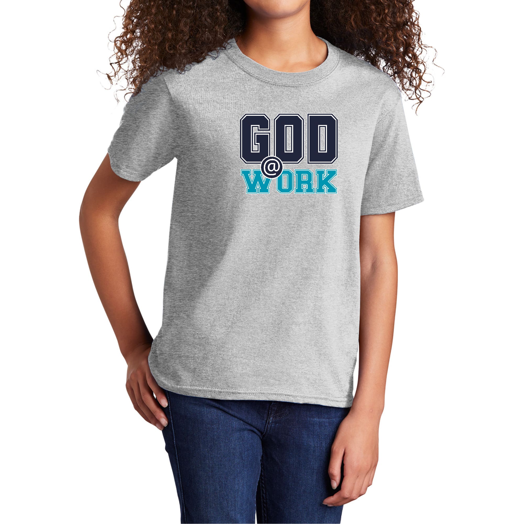 Youth short sleeve graphic T-shirt in navy blue featuring 'God @ Work' print, made from soft preshrunk cotton.