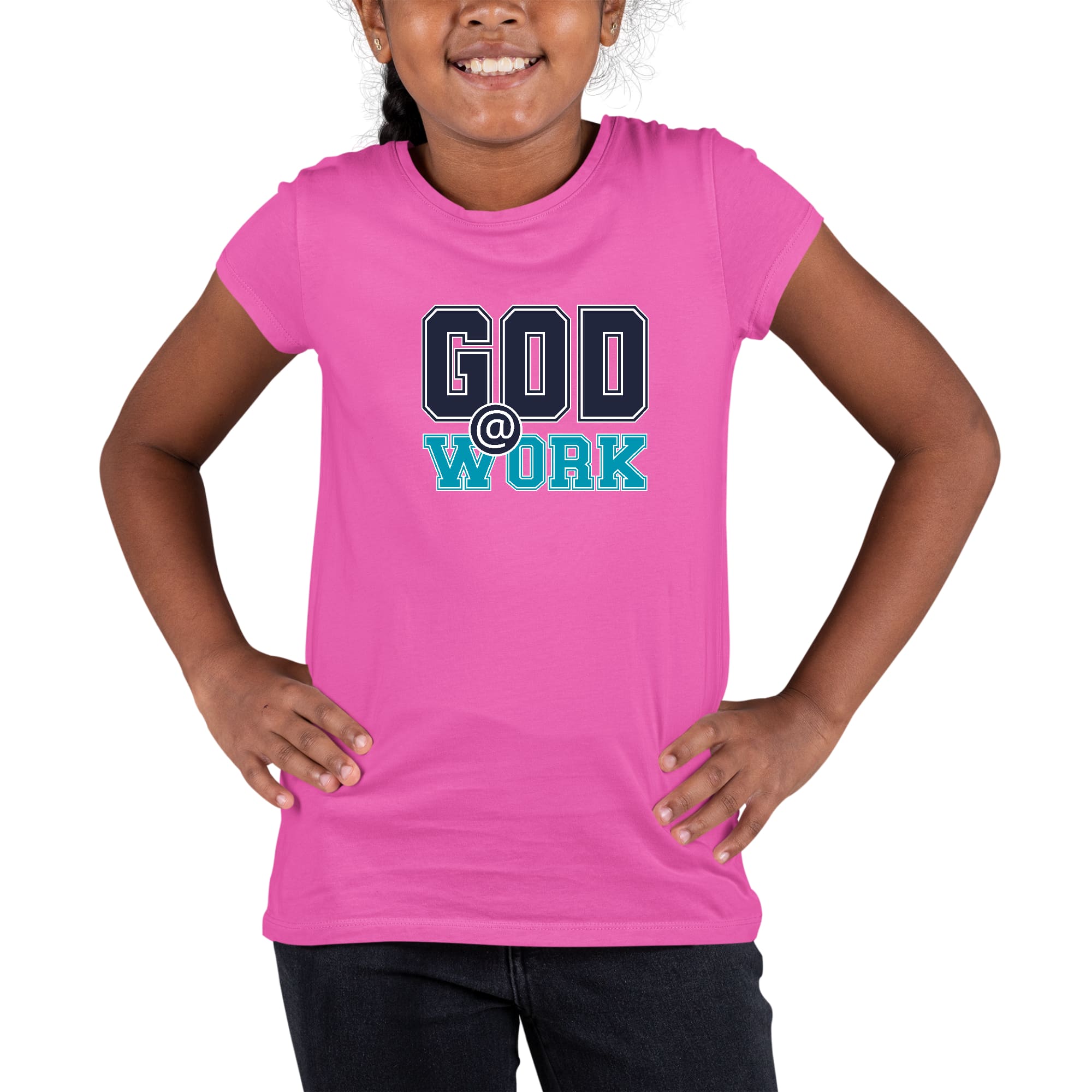 Youth short sleeve graphic T-shirt in navy blue featuring 'God @ Work' print, made from soft preshrunk cotton.