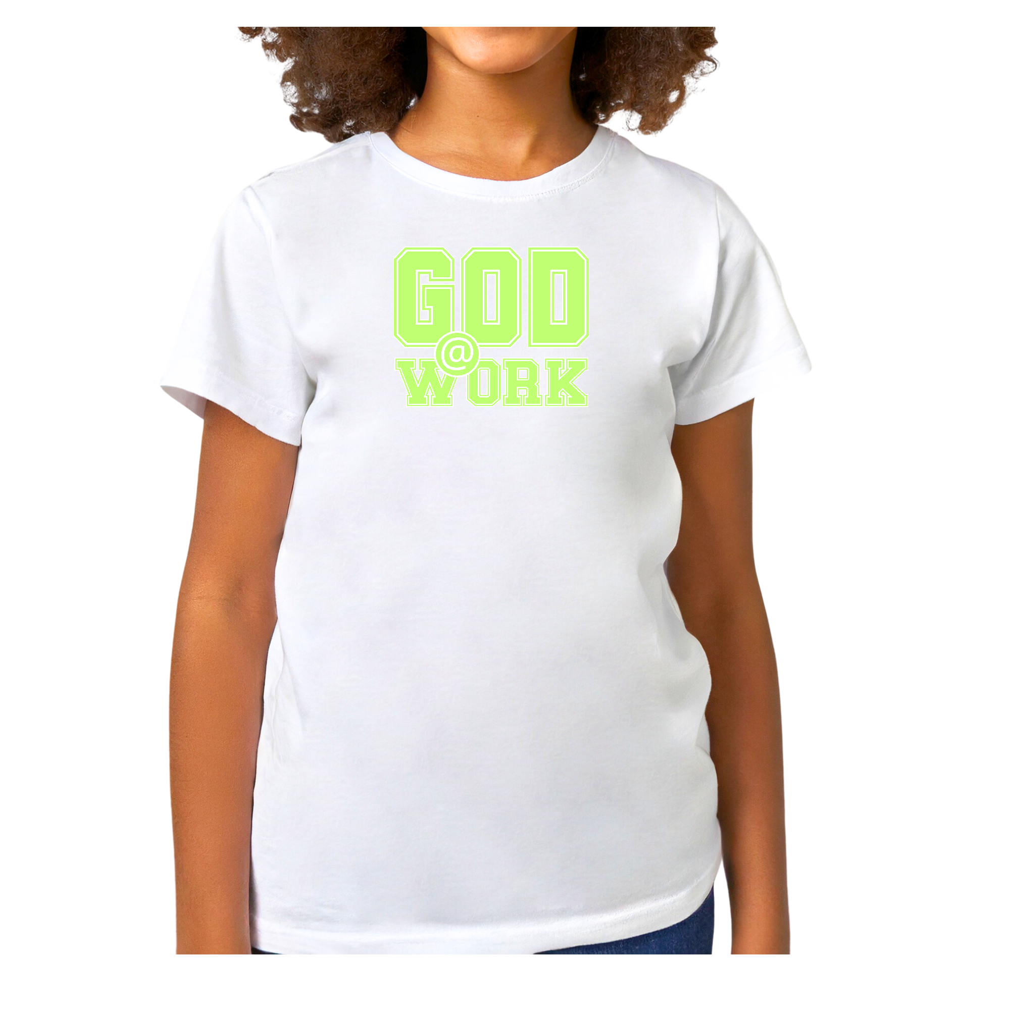 Youth Short Sleeve Graphic T-shirt in neon green and white with 'God @ Work' print, showcasing a comfortable and stylish design.