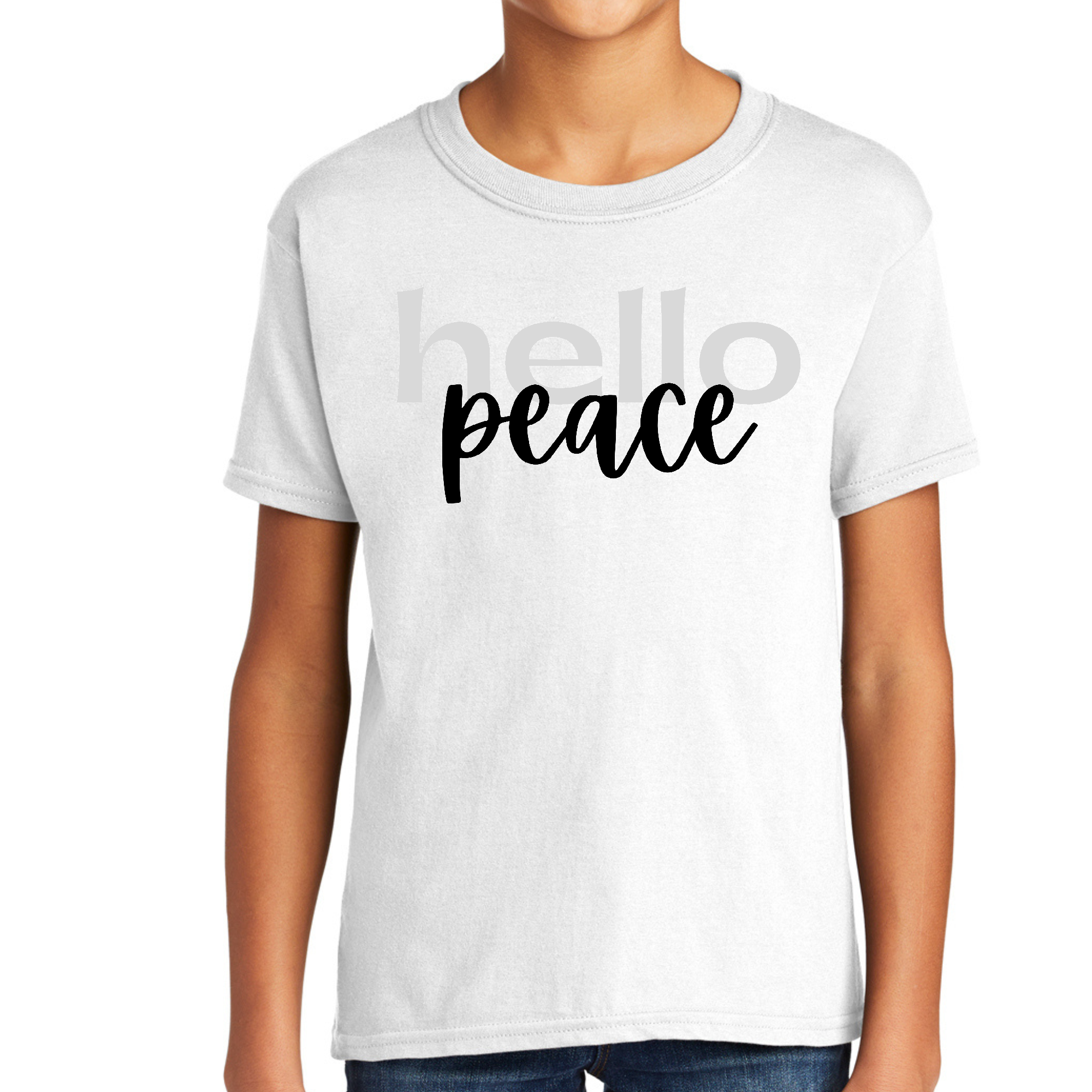 Youth Short Sleeve Graphic T-shirt in grey and black featuring 'Hello Peace' motivational print, made from soft preshrunk cotton.