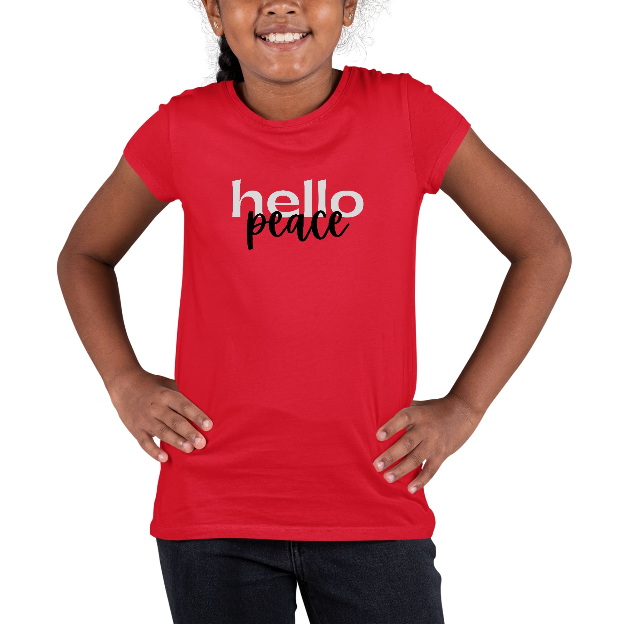Youth Short Sleeve Graphic T-shirt in grey and black featuring 'Hello Peace' motivational design, made from soft preshrunk cotton.