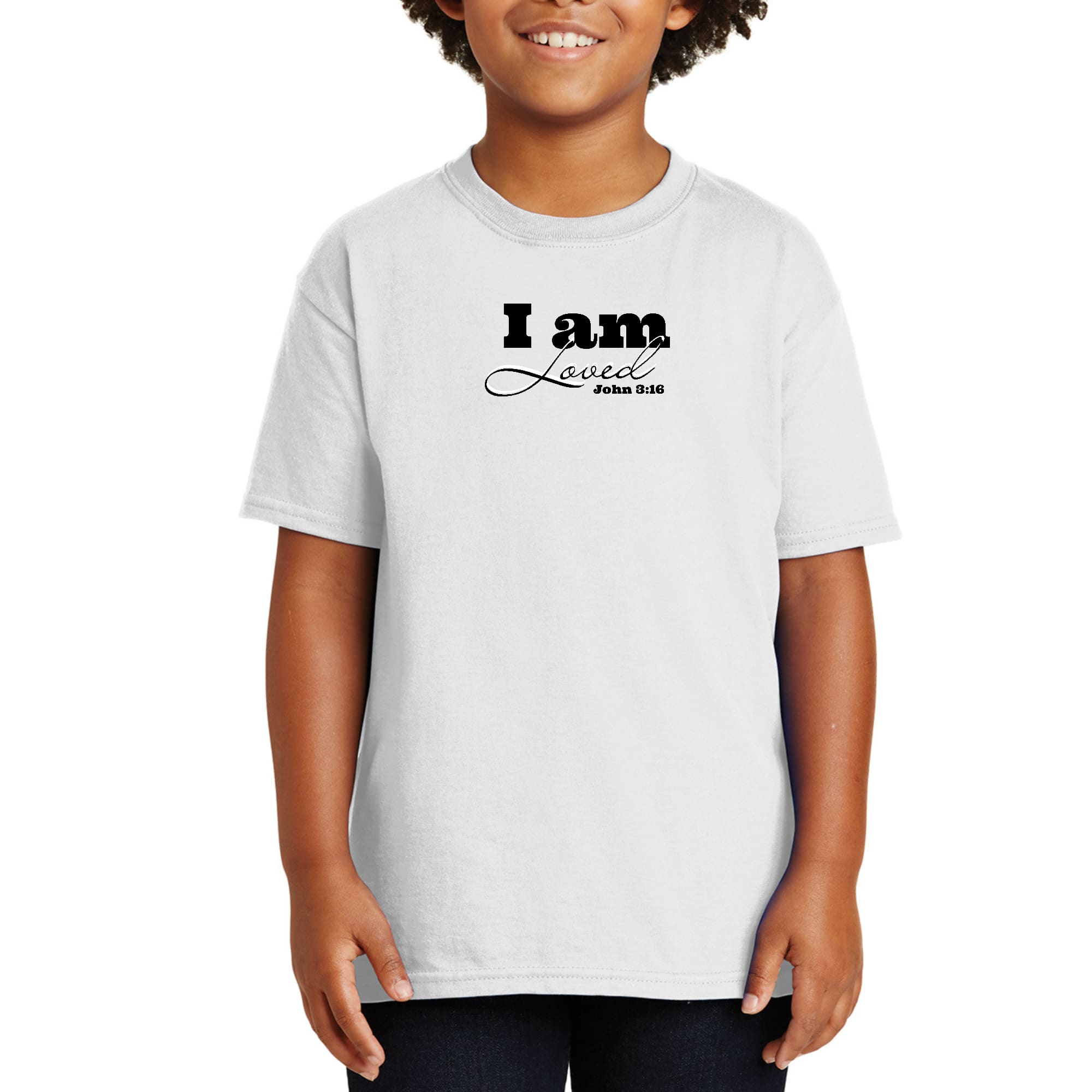 Youth Short Sleeve Graphic T-shirt in black with 'I Am Loved' John 3:16 design, made from soft preshrunk cotton.