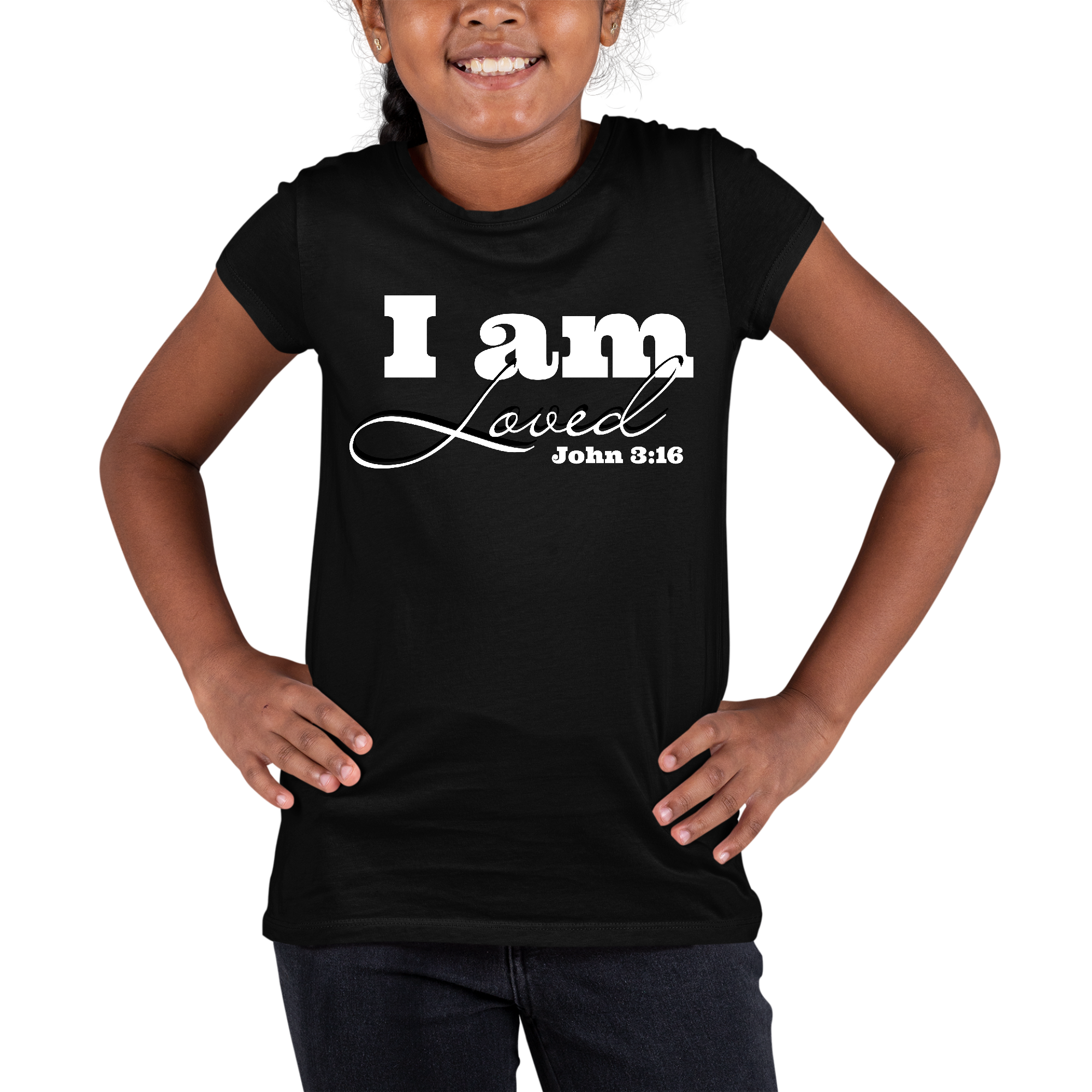 Youth Short Sleeve Graphic T-shirt with 'I Am Loved' John 3:16 design, made from soft preshrunk cotton, featuring a classic fit and crewneck.