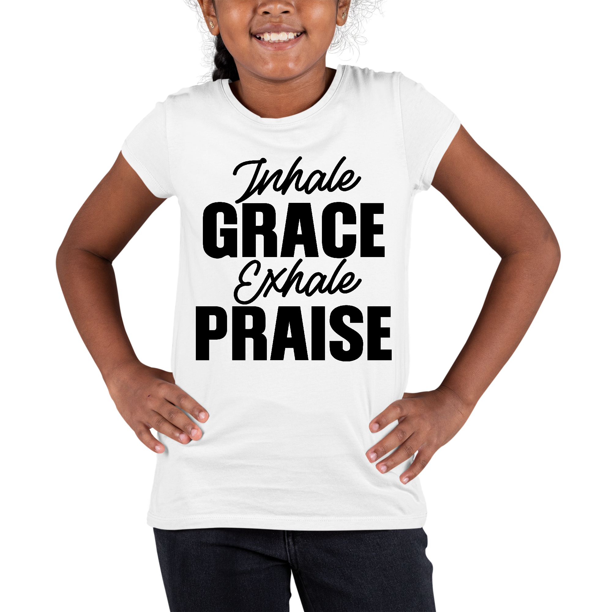Youth Short Sleeve Graphic T-shirt in black featuring 'Inhale Grace Exhale Praise' design, made from soft preshrunk cotton.