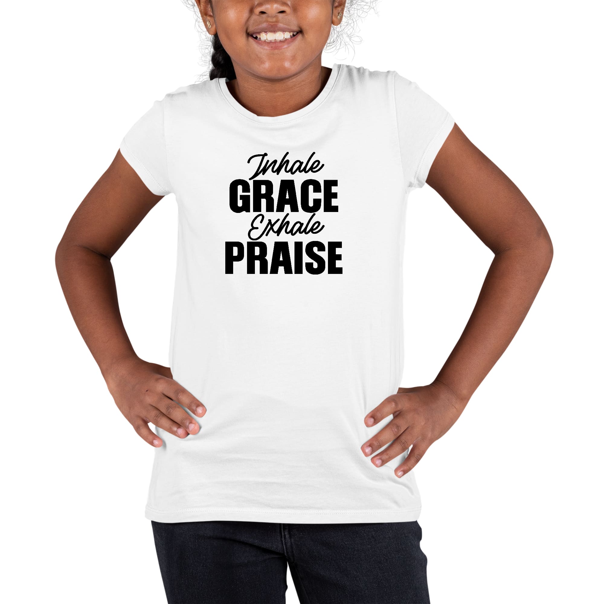 Youth Short Sleeve Graphic T-shirt in black featuring 'Inhale Grace Exhale Praise' design, made from soft preshrunk cotton.