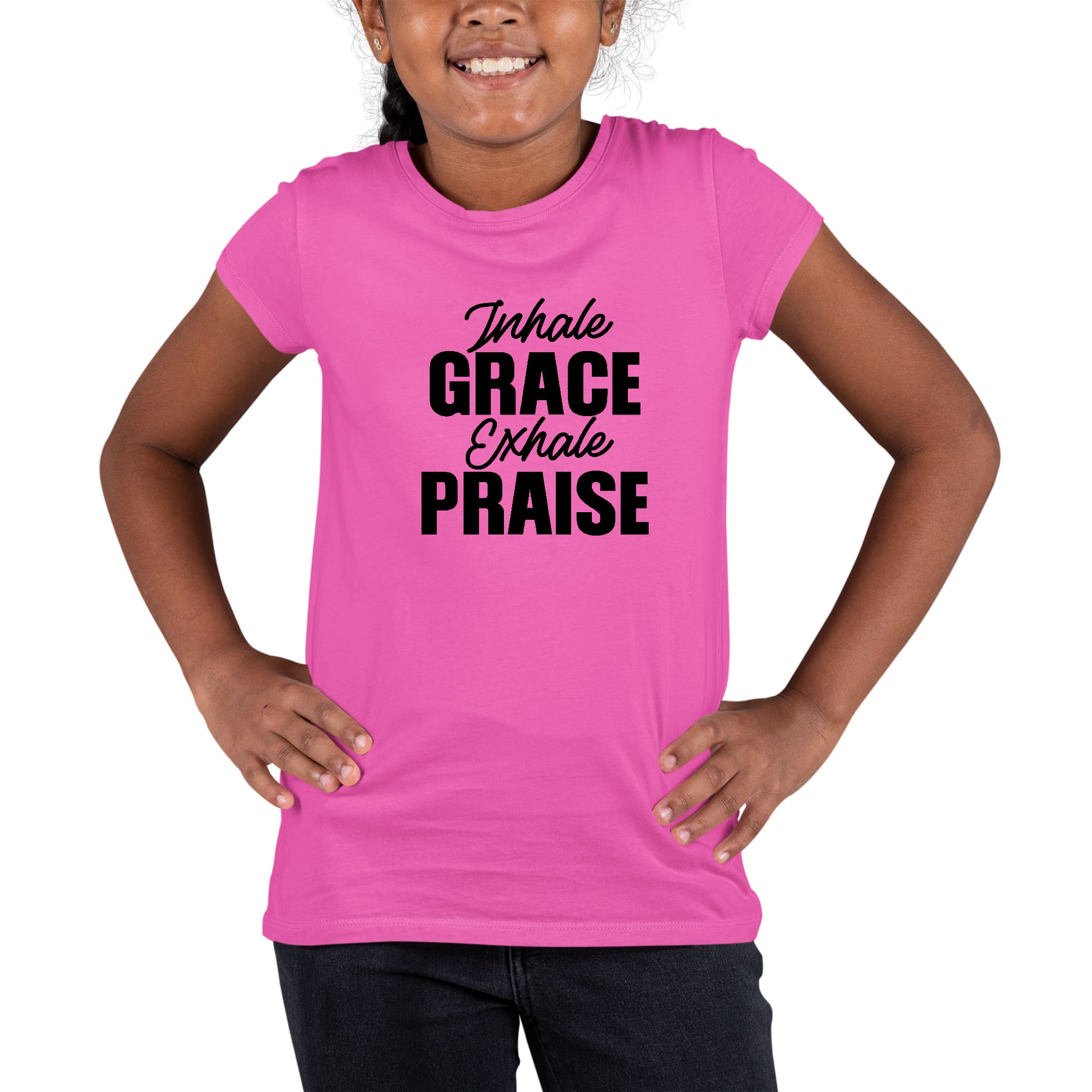Youth Short Sleeve Graphic T-shirt in black featuring 'Inhale Grace Exhale Praise' design, made from soft preshrunk cotton.