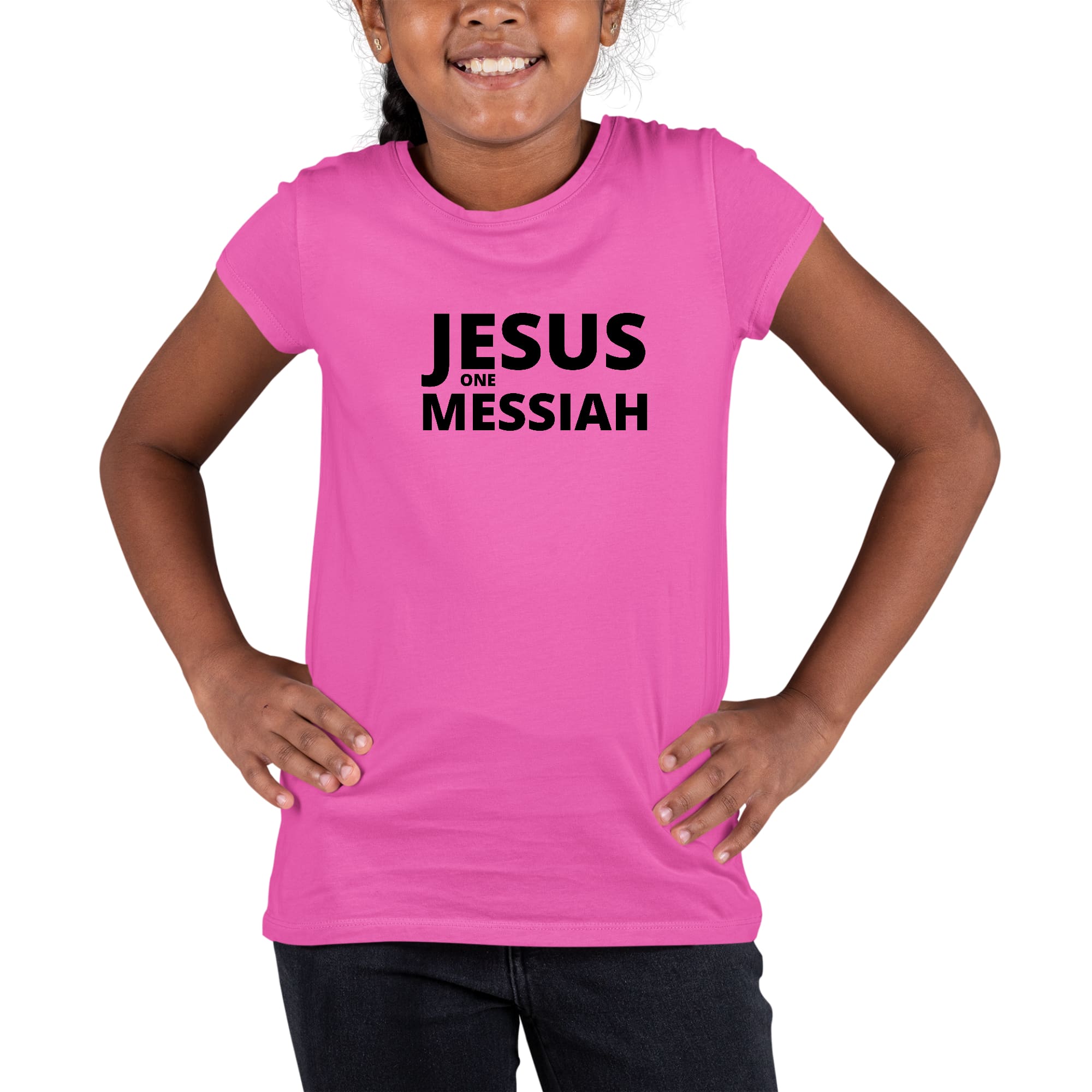 Youth Short Sleeve Graphic T-shirt in black featuring the text 'Jesus one Messiah' in a stylish design, suitable for both men and women.
