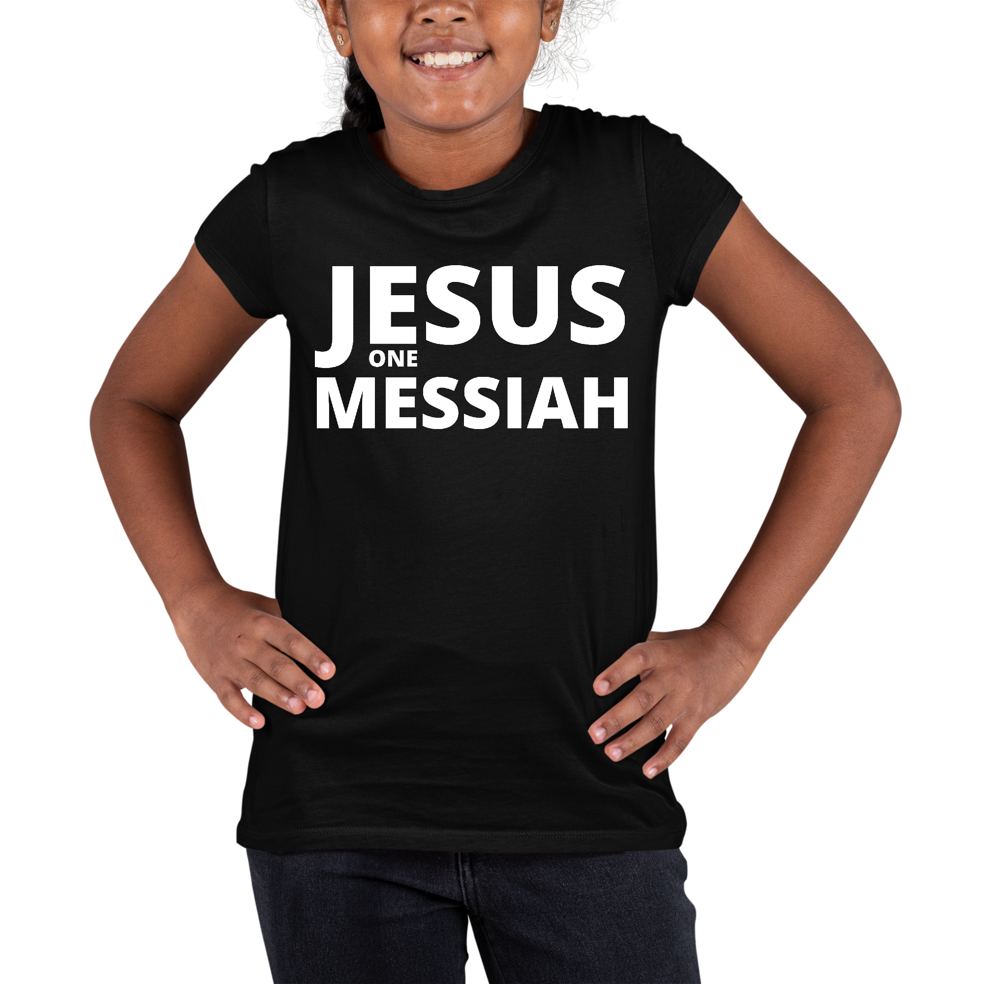 Youth Short Sleeve Graphic T-shirt with 'Jesus one Messiah' print, made from soft preshrunk cotton, featuring a classic crewneck design.