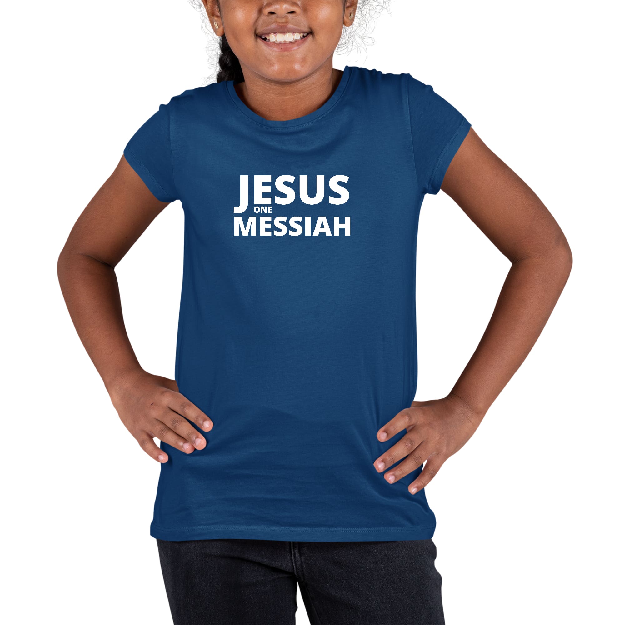 Youth Short Sleeve Graphic T-shirt with 'Jesus one Messiah' print, made from soft preshrunk cotton, featuring a classic crewneck design.