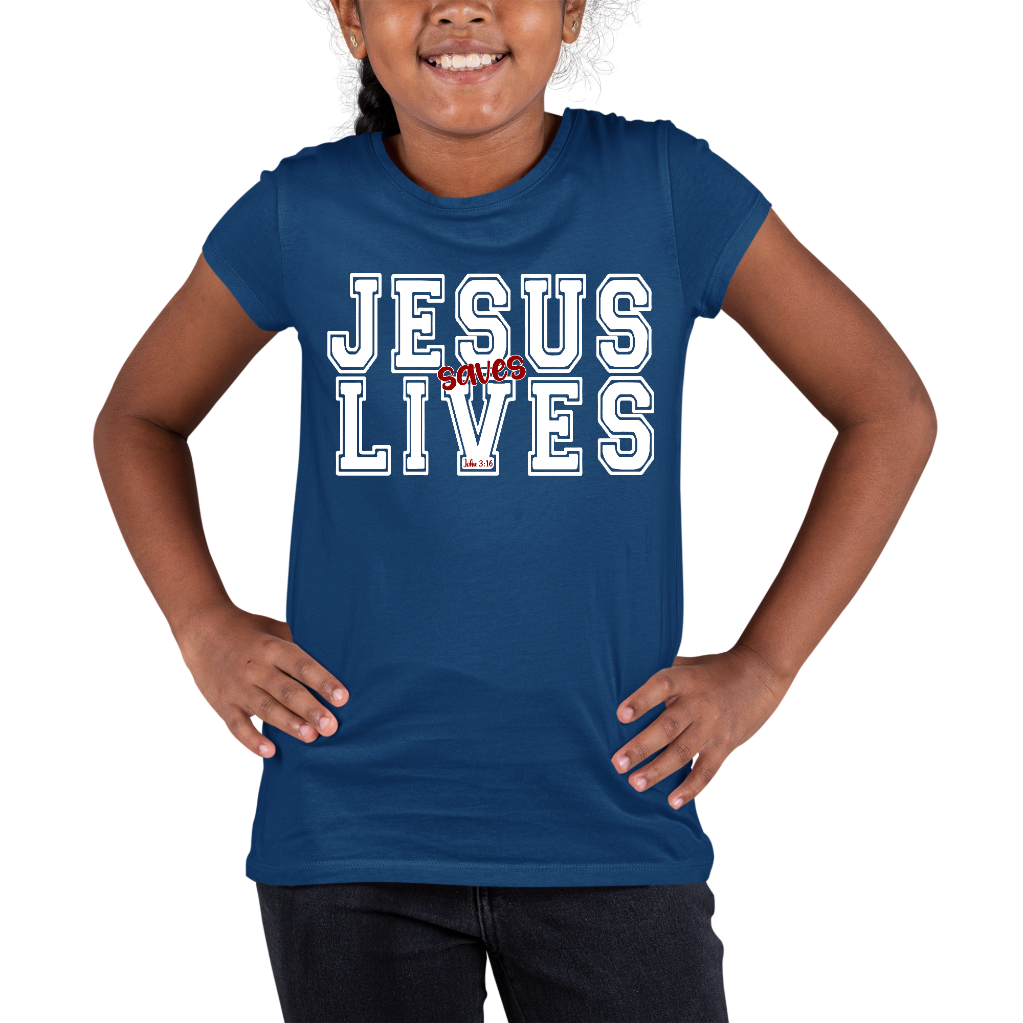 Youth Short Sleeve Graphic T-shirt in white and red with 'Jesus Saves Lives' print, showcasing a comfortable and stylish design.