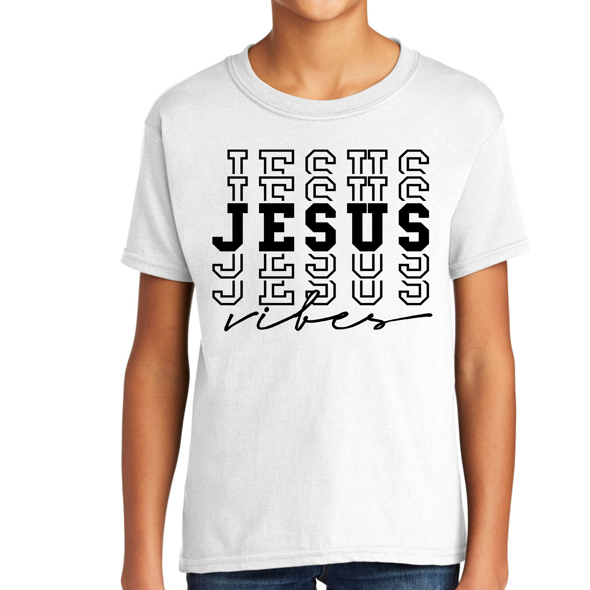 Youth Short Sleeve Graphic T-shirt featuring Jesus Vibes design, made from soft preshrunk cotton with a classic fit.