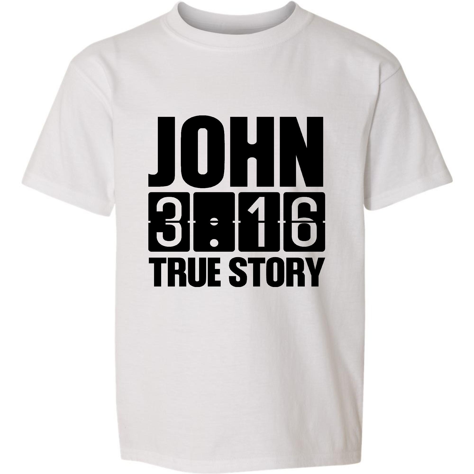 Youth Short Sleeve Graphic T-shirt in black featuring John 3:16 True Story print, made from soft preshrunk cotton for comfort.