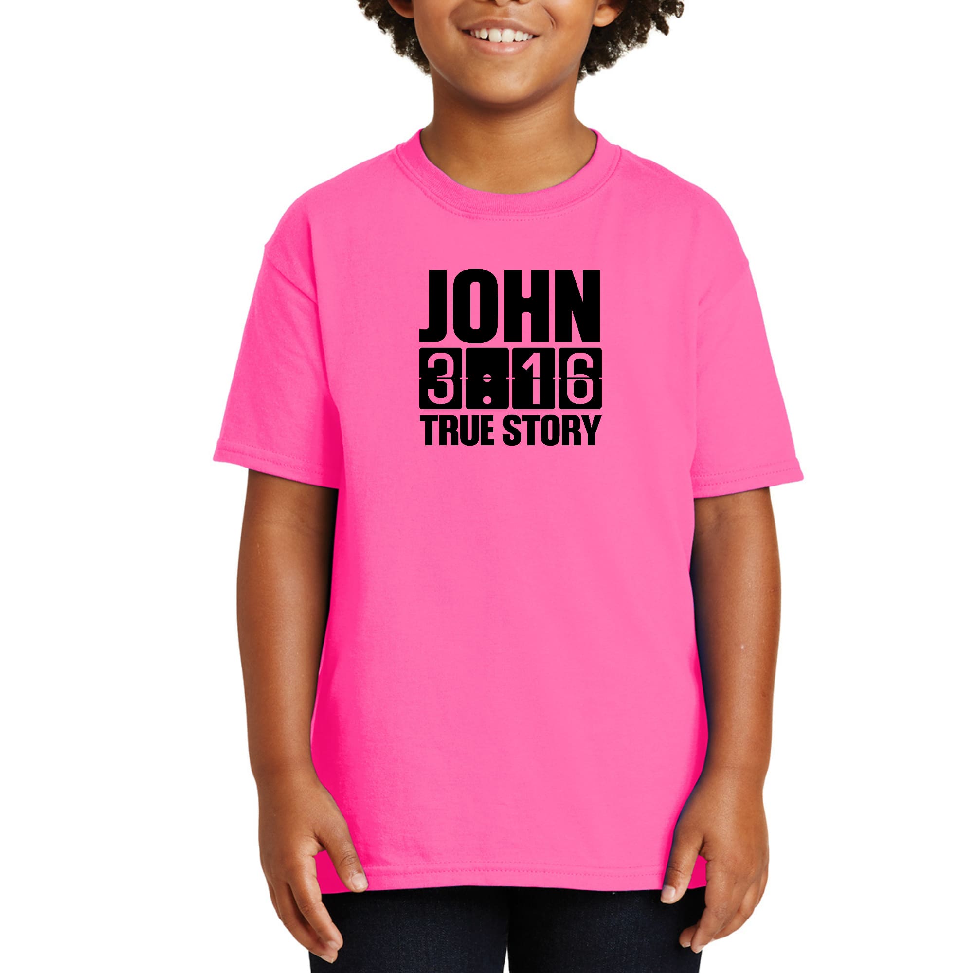 Youth Short Sleeve Graphic T-shirt in black featuring John 3:16 True Story print, made from soft preshrunk cotton for comfort.