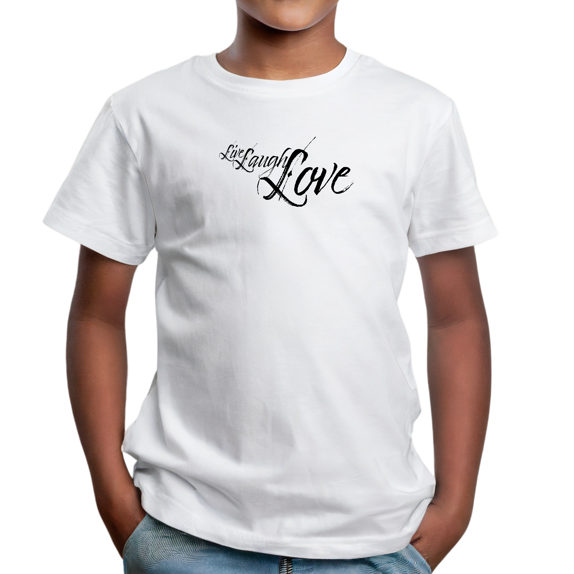 Youth Short Sleeve Graphic T-shirt featuring a Live Laugh Love black illustration, made from soft preshrunk cotton.