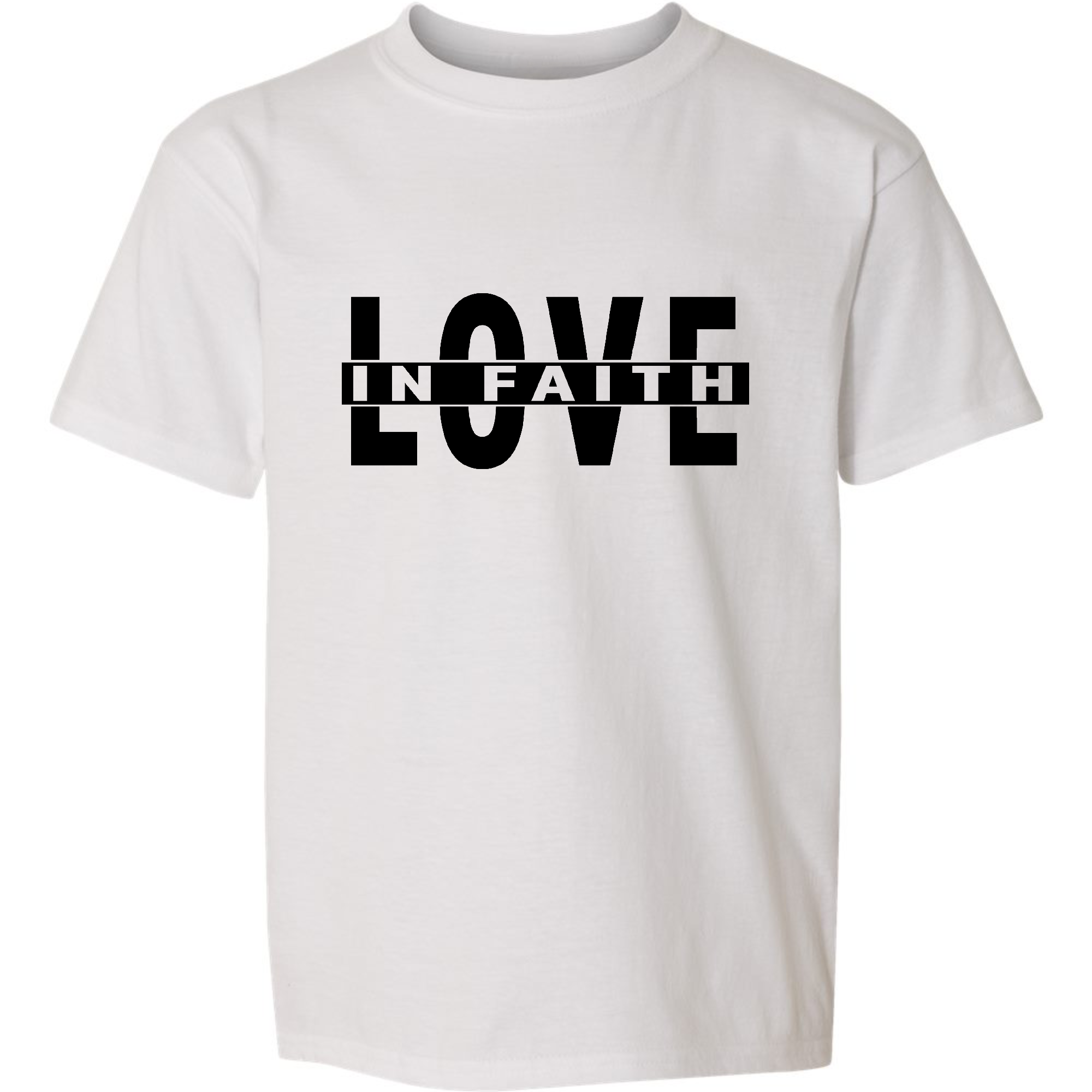 Youth Short Sleeve Graphic T-shirt in black featuring Love in Faith illustration, made from soft preshrunk cotton for comfort.