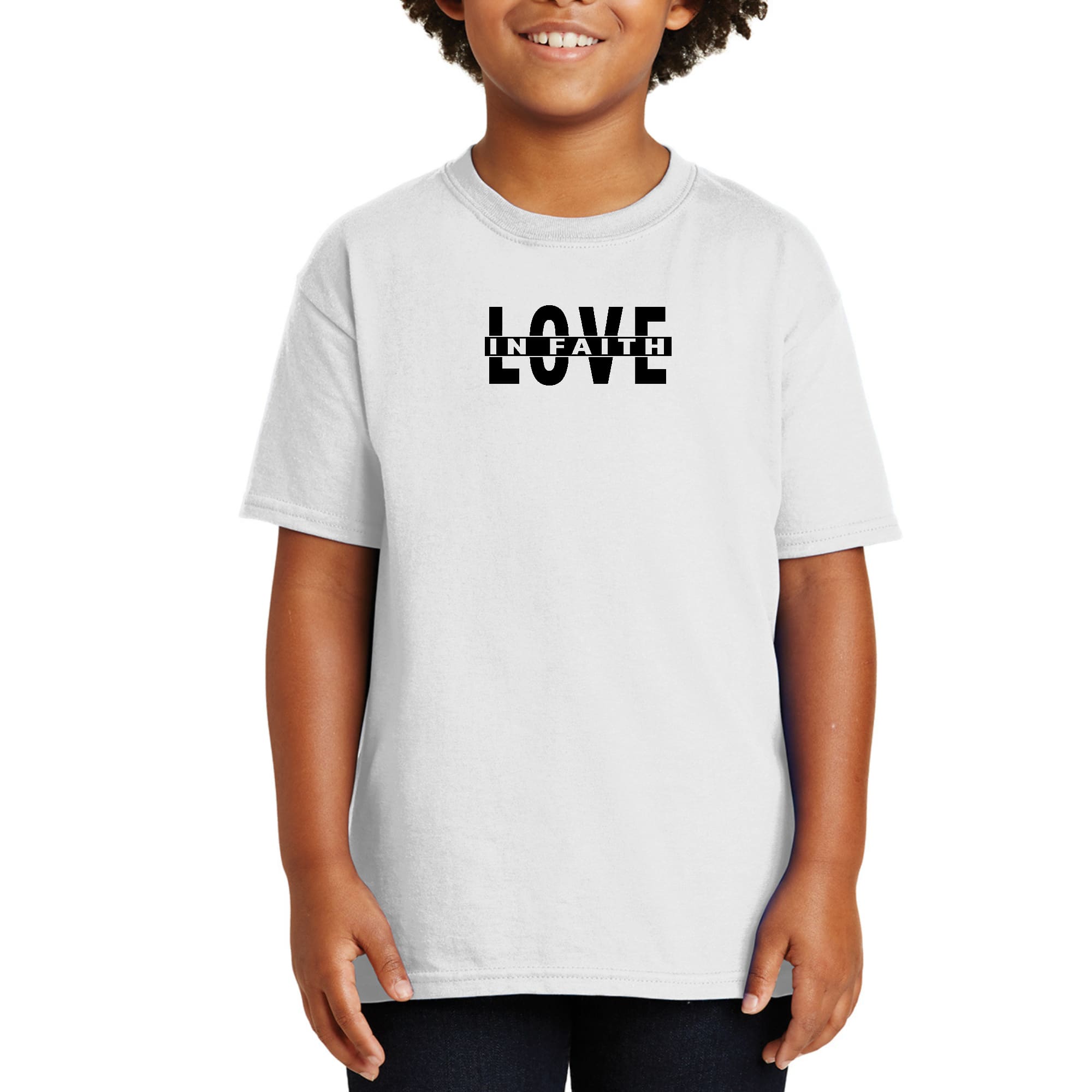 Youth Short Sleeve Graphic T-shirt in black featuring Love in Faith illustration, made from soft preshrunk cotton for comfort.