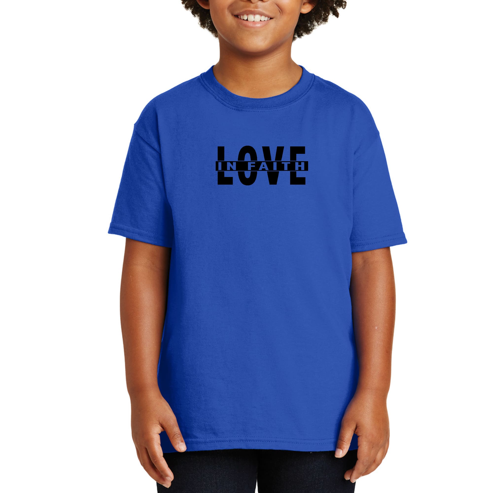 Youth Short Sleeve Graphic T-shirt in black featuring Love in Faith illustration, made from soft preshrunk cotton for comfort.