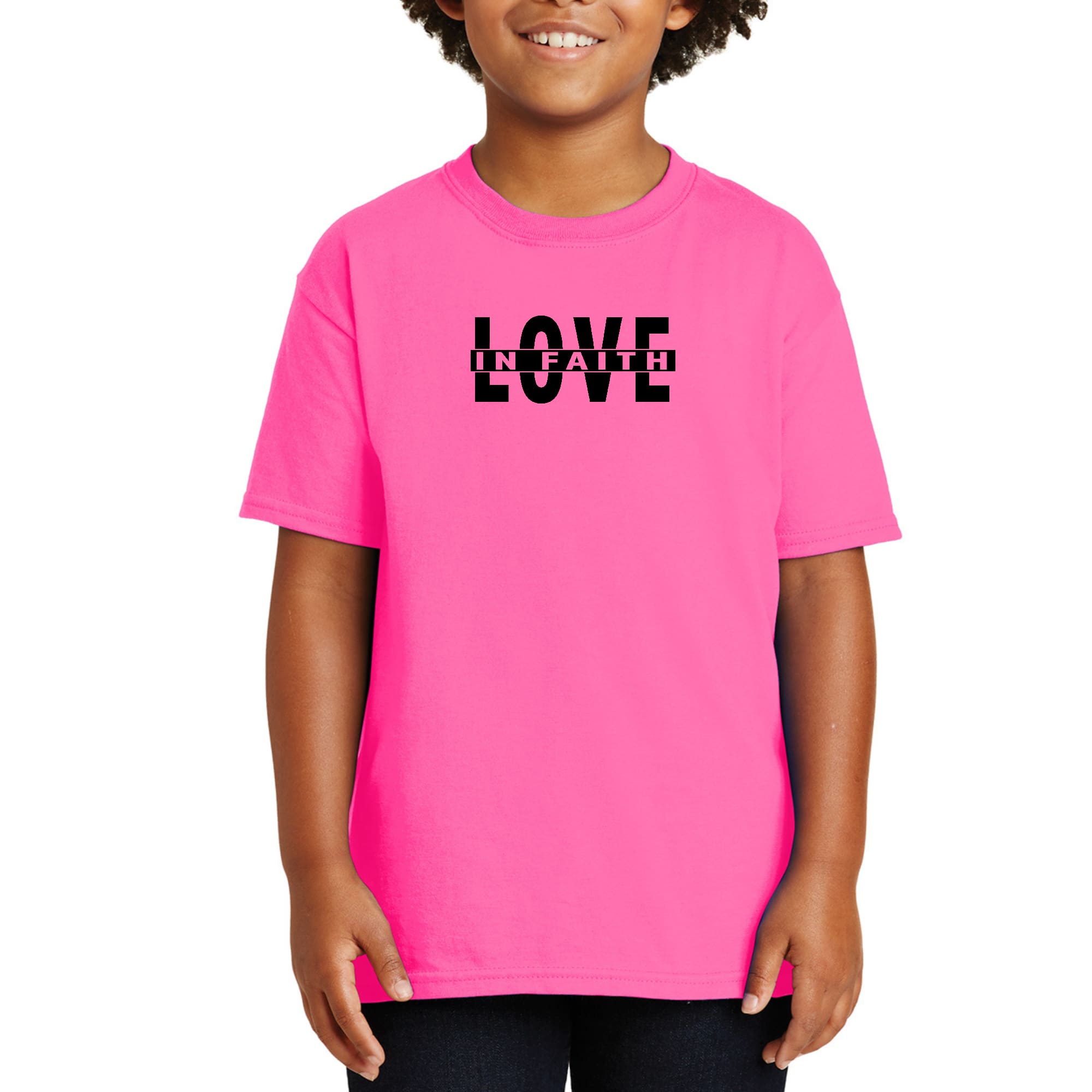 Youth Short Sleeve Graphic T-shirt in black featuring Love in Faith illustration, made from soft preshrunk cotton for comfort.