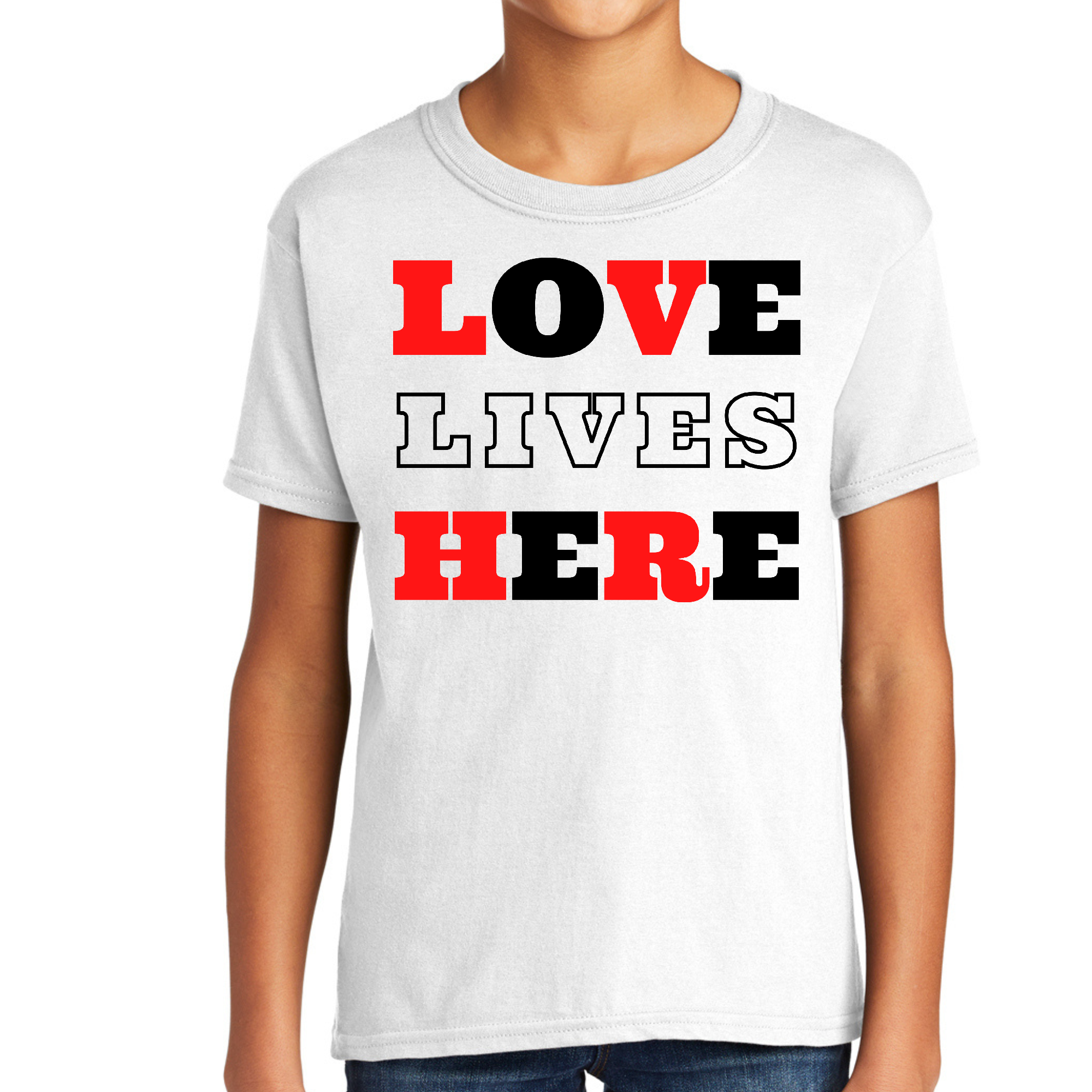 Youth Short Sleeve Graphic T-shirt in red with 'Love Lives Here' printed design, showcasing a comfortable fit and soft cotton material.