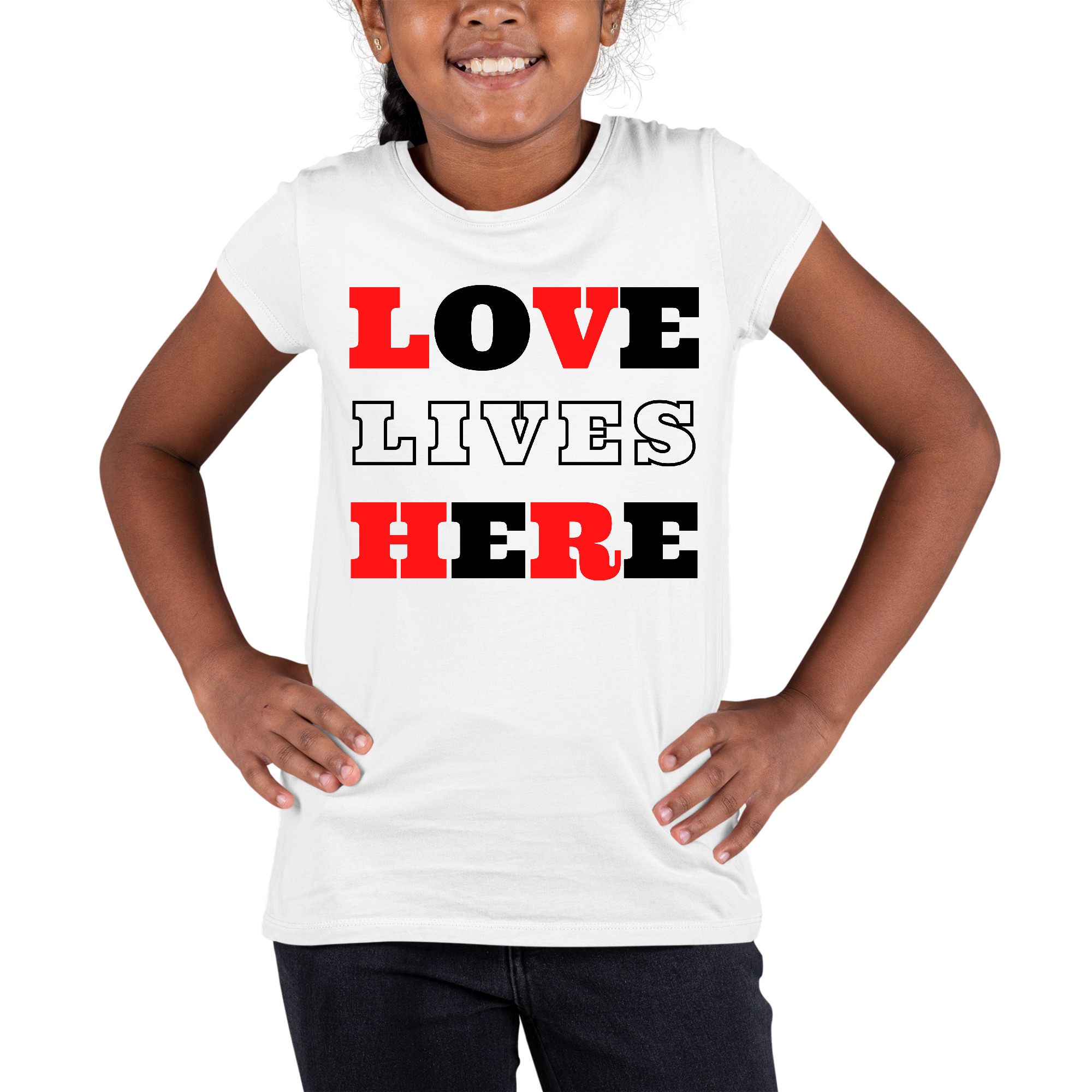 Youth Short Sleeve Graphic T-shirt in red featuring 'Love Lives Here' design, made from soft preshrunk cotton, suitable for men and women.