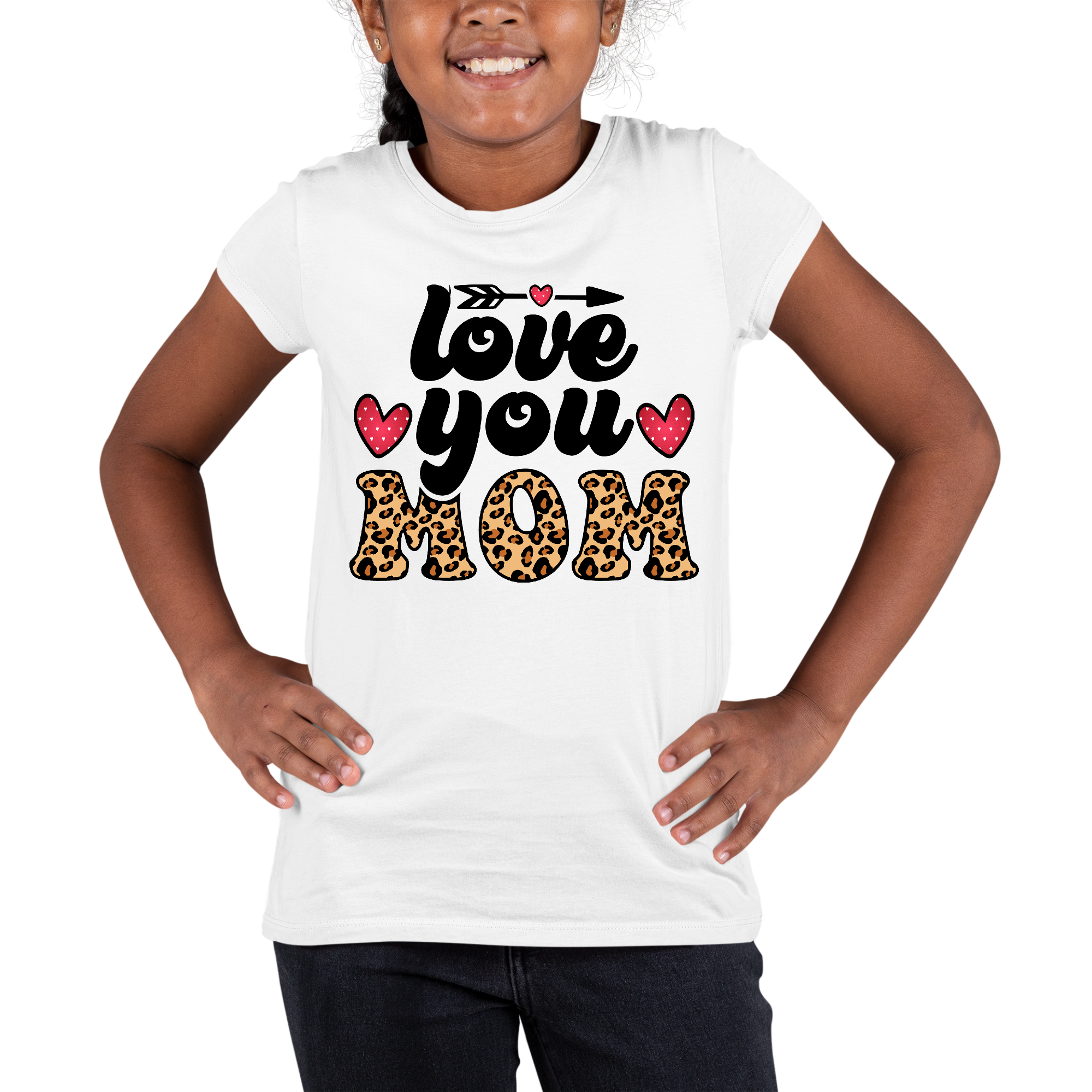 Youth short sleeve graphic T-shirt featuring 'Love You Mom' in leopard print on a black background, made from soft preshrunk cotton.