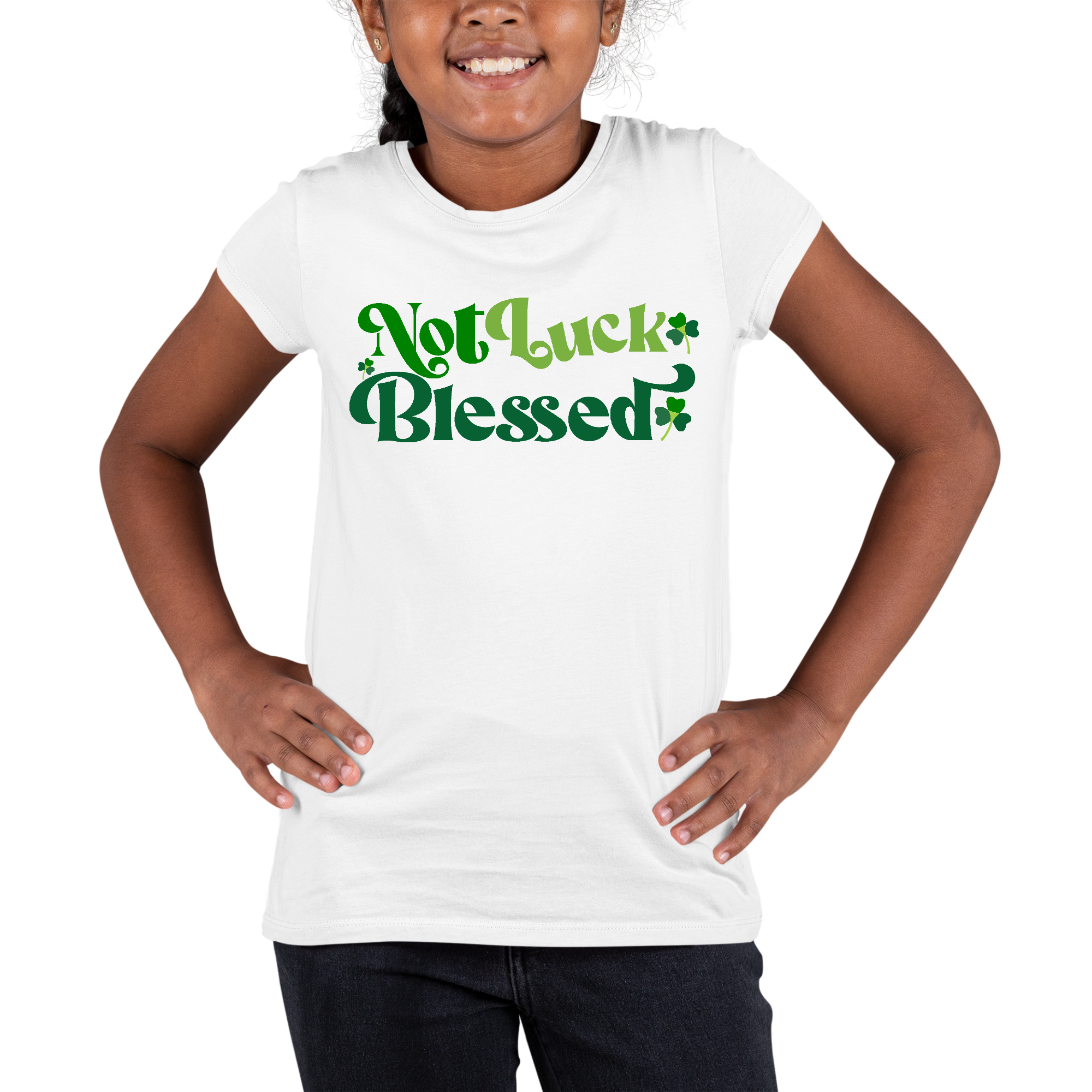 Youth Short Sleeve Graphic T-shirt featuring the phrase 'not Luck Blessed', made from soft cotton with a comfortable fit.