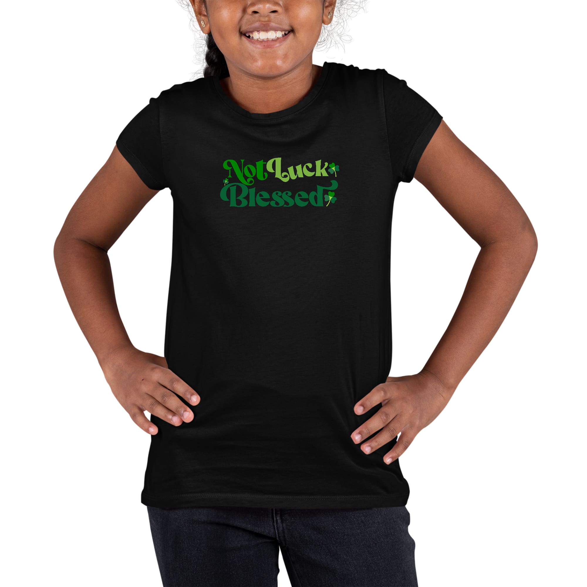 Youth Short Sleeve Graphic T-shirt featuring the phrase 'not Luck Blessed', made from soft cotton with a comfortable fit.
