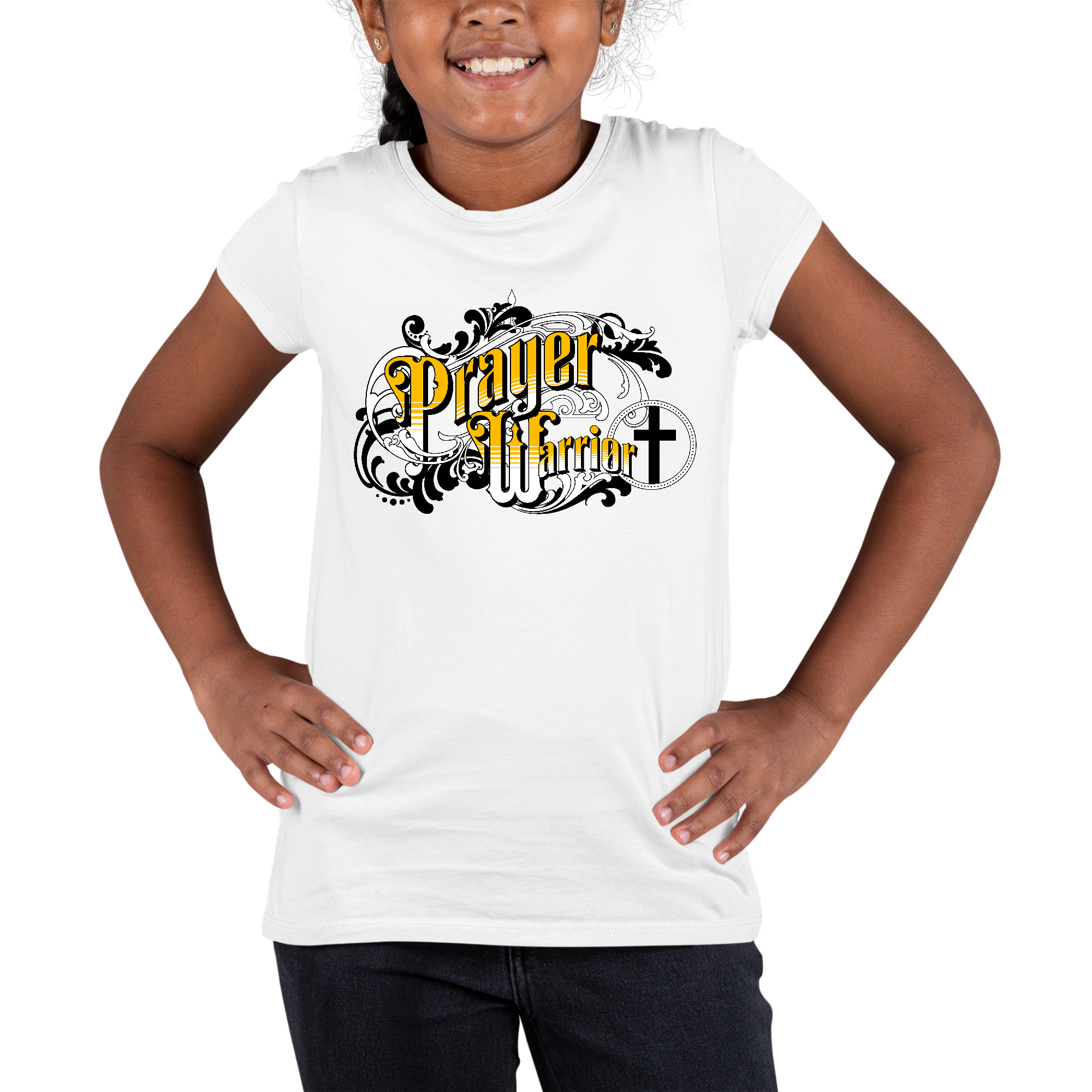 Youth Short Sleeve Graphic T-shirt featuring a Prayer Warrior design in Victorian style, made from soft preshrunk cotton.