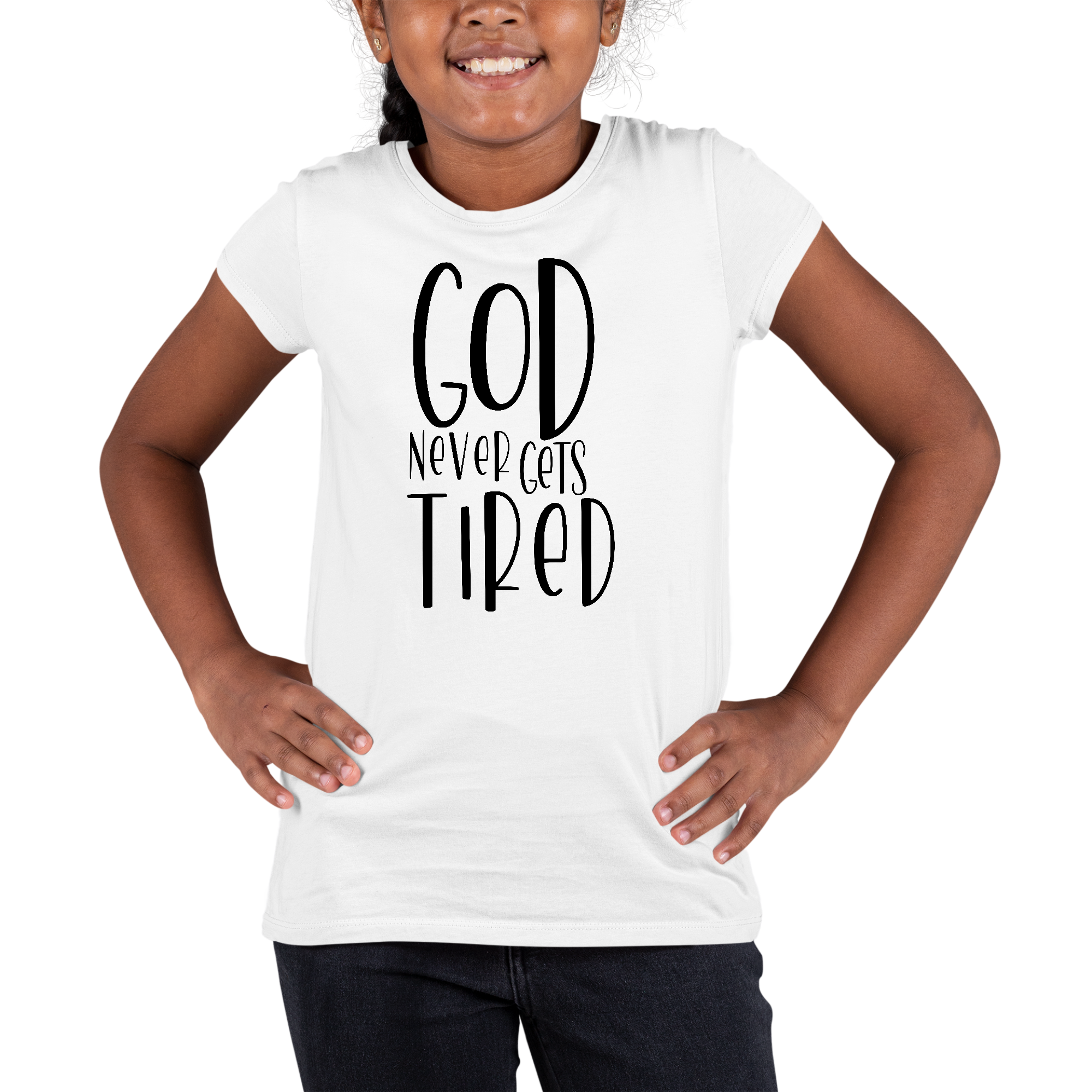 Youth Short Sleeve Graphic T-shirt in black featuring the phrase 'God Never Gets Tired' with a stylish illustration.