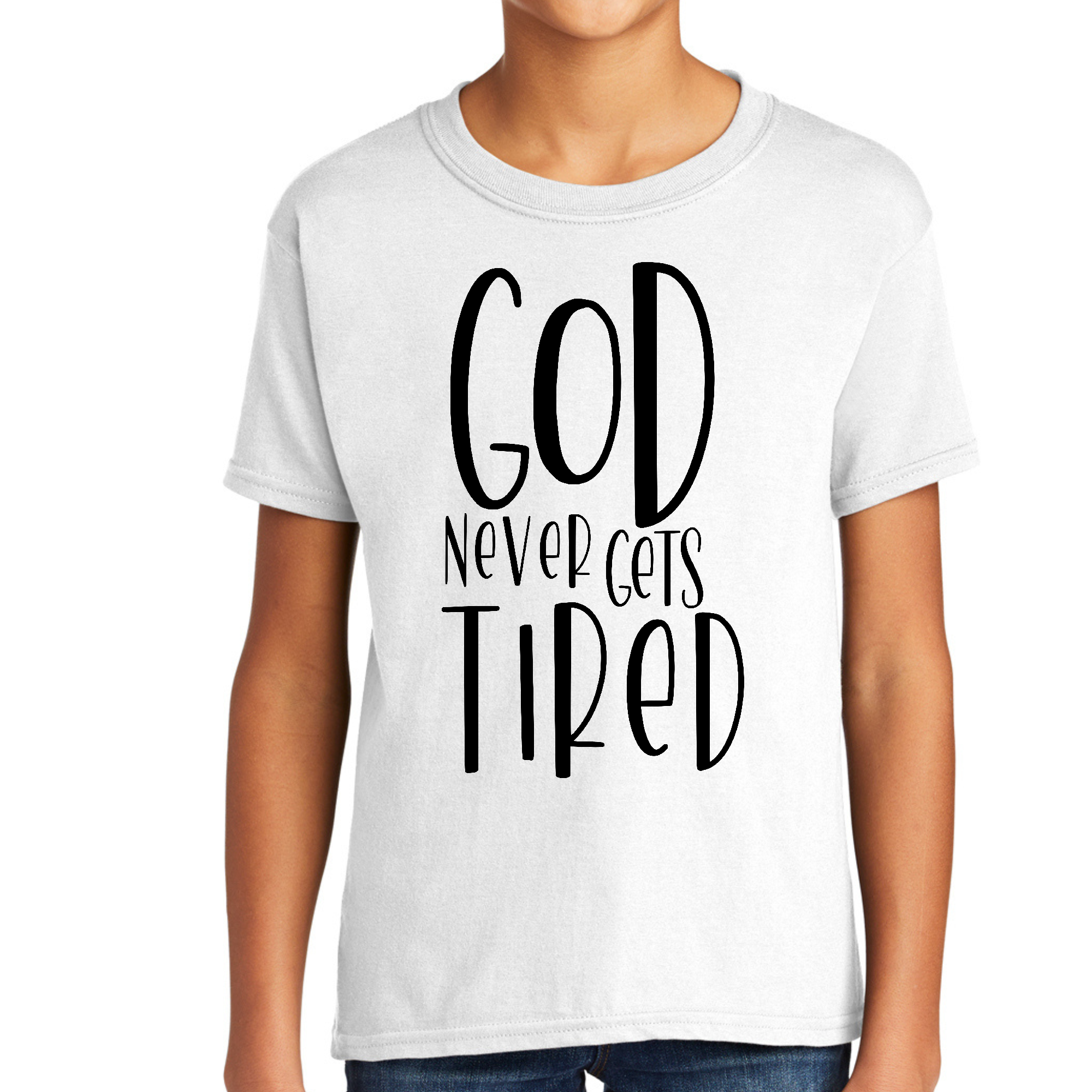 Youth Short Sleeve Graphic T-shirt featuring the quote 'God Never Gets Tired' in a stylish design, made from soft preshrunk cotton.