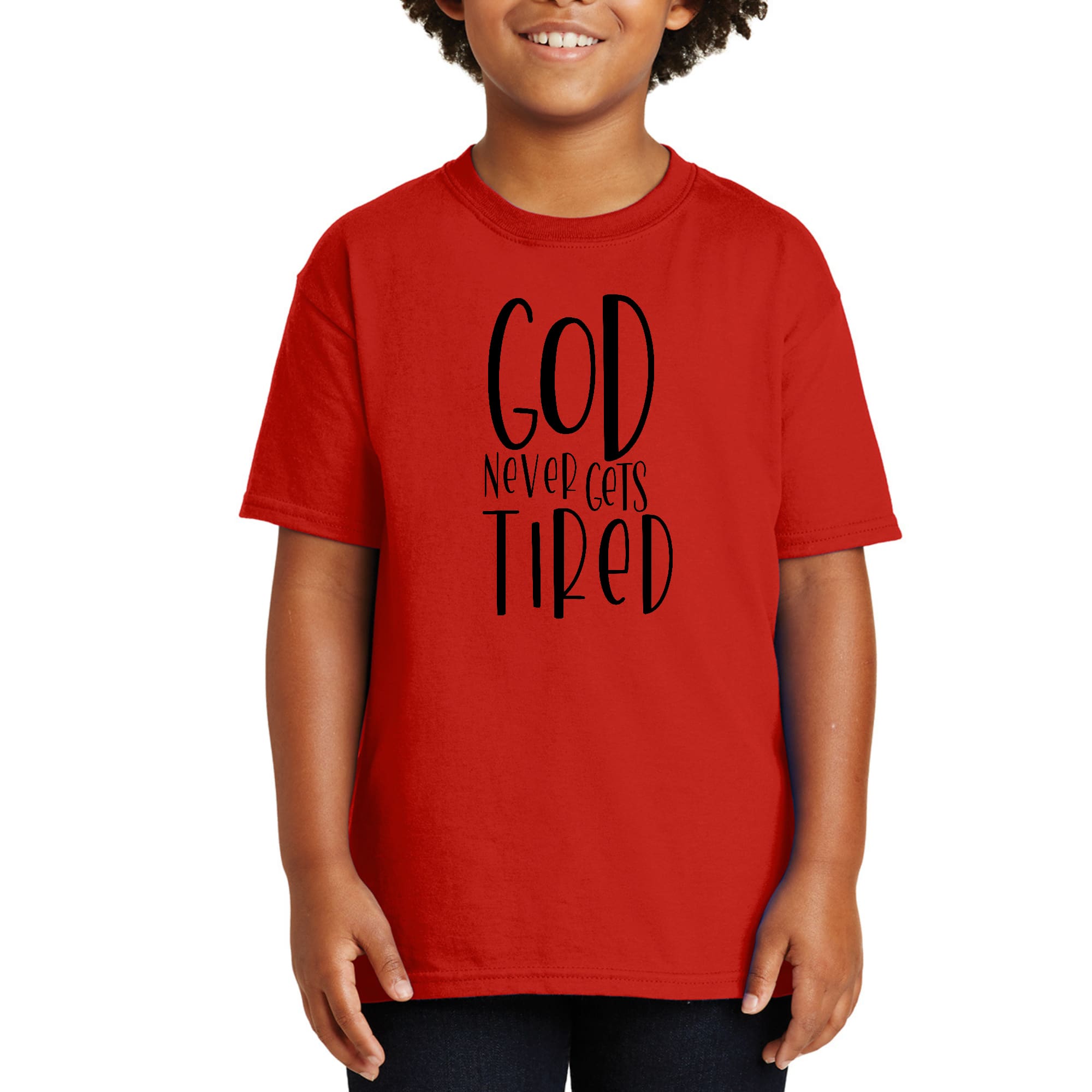 Youth Short Sleeve Graphic T-shirt featuring the quote 'God Never Gets Tired' in a stylish design, made from soft preshrunk cotton.