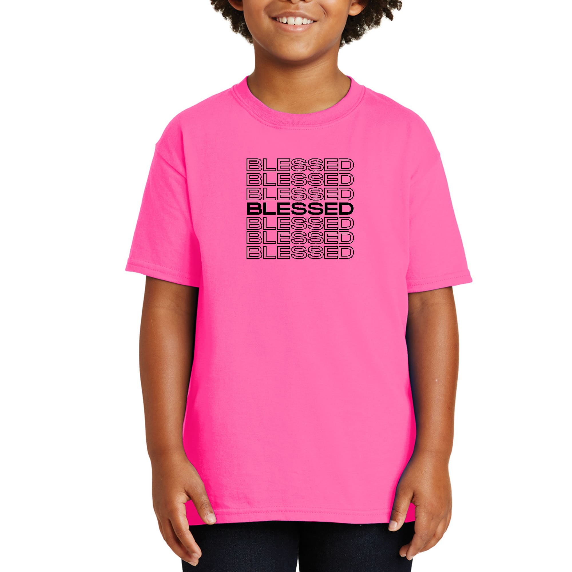 Youth Short Sleeve Graphic T-shirt in black featuring Stacked Blessed Print, made from soft preshrunk cotton for comfort and durability.