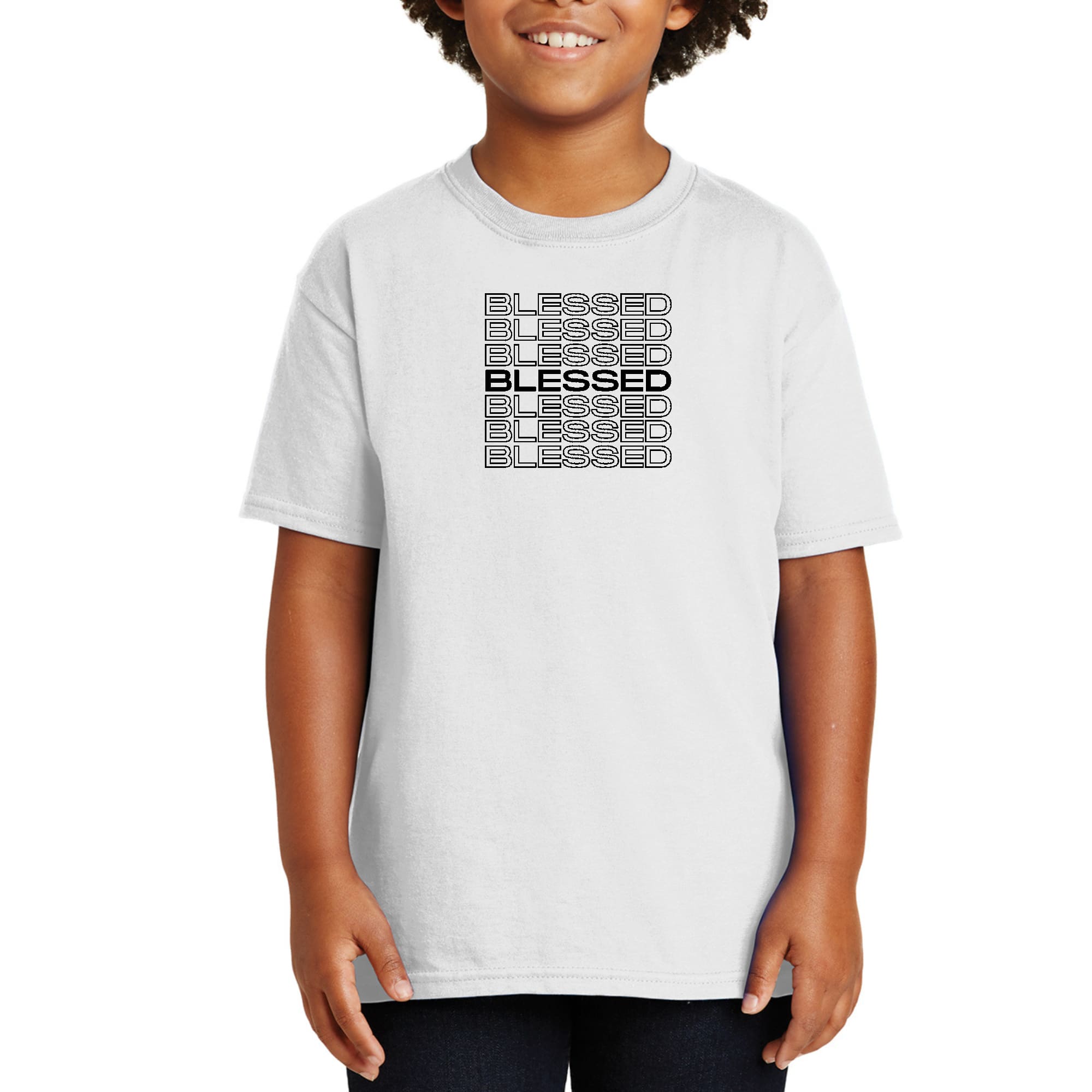 Youth Short Sleeve Graphic T-shirt in black featuring Stacked Blessed Print, made from soft preshrunk cotton for comfort and durability.