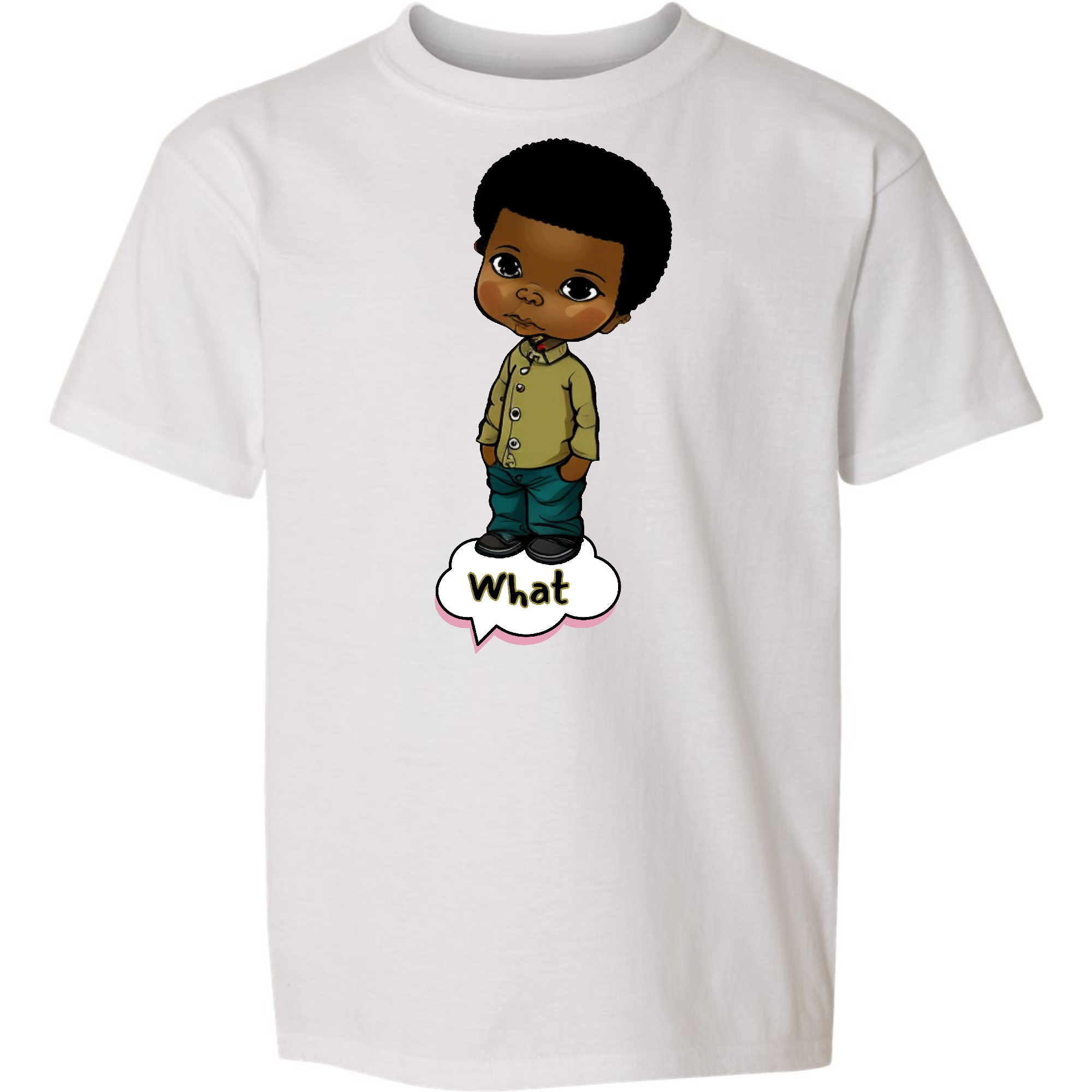 Youth Short Sleeve Graphic T-shirt featuring an African American boy illustration, made from soft preshrunk cotton, perfect for casual wear.