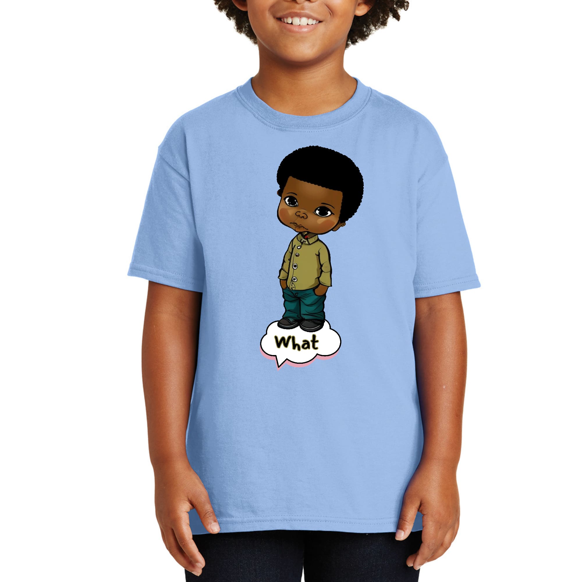 Youth Short Sleeve Graphic T-shirt featuring an African American boy illustration, made from soft preshrunk cotton, perfect for casual wear.