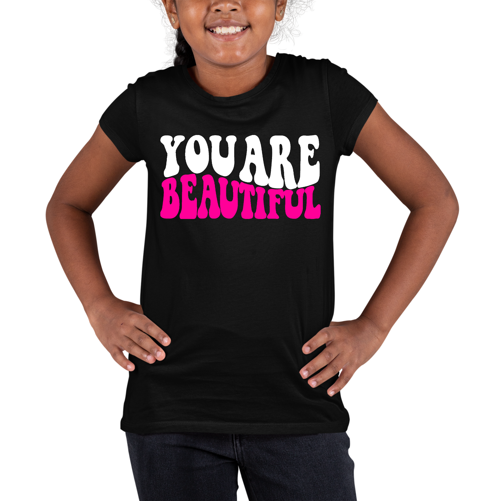 Youth Short Sleeve Graphic T-shirt in pink and white with 'You Are Beautiful' inspirational text, made from soft preshrunk cotton.