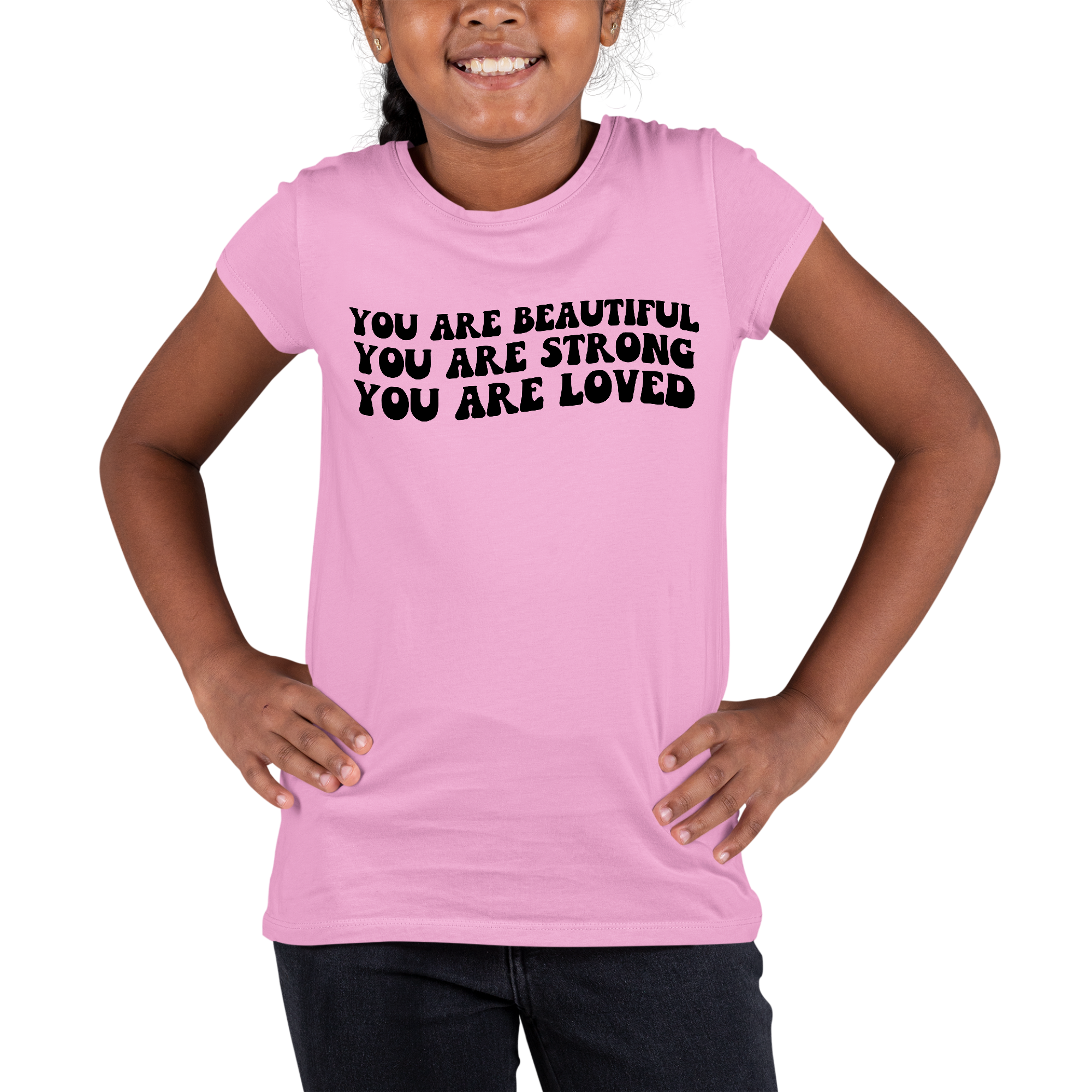 Youth Short Sleeve Graphic T-shirt in soft cotton featuring the quote 'You Are Beautiful Strong Loved' in vibrant print.