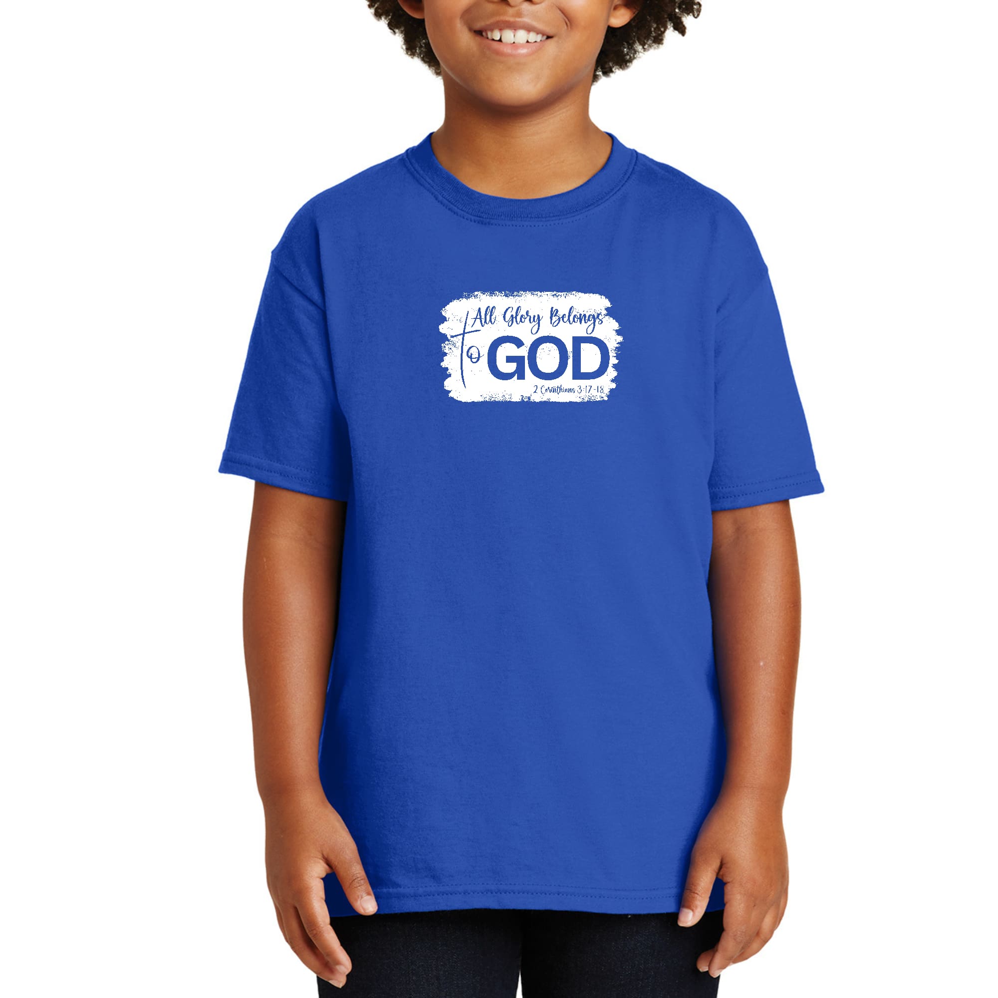 Youth Short Sleeve T-shirt featuring 'All Glory Belongs to God' graphic, made from soft preshrunk cotton, ideal for casual wear.