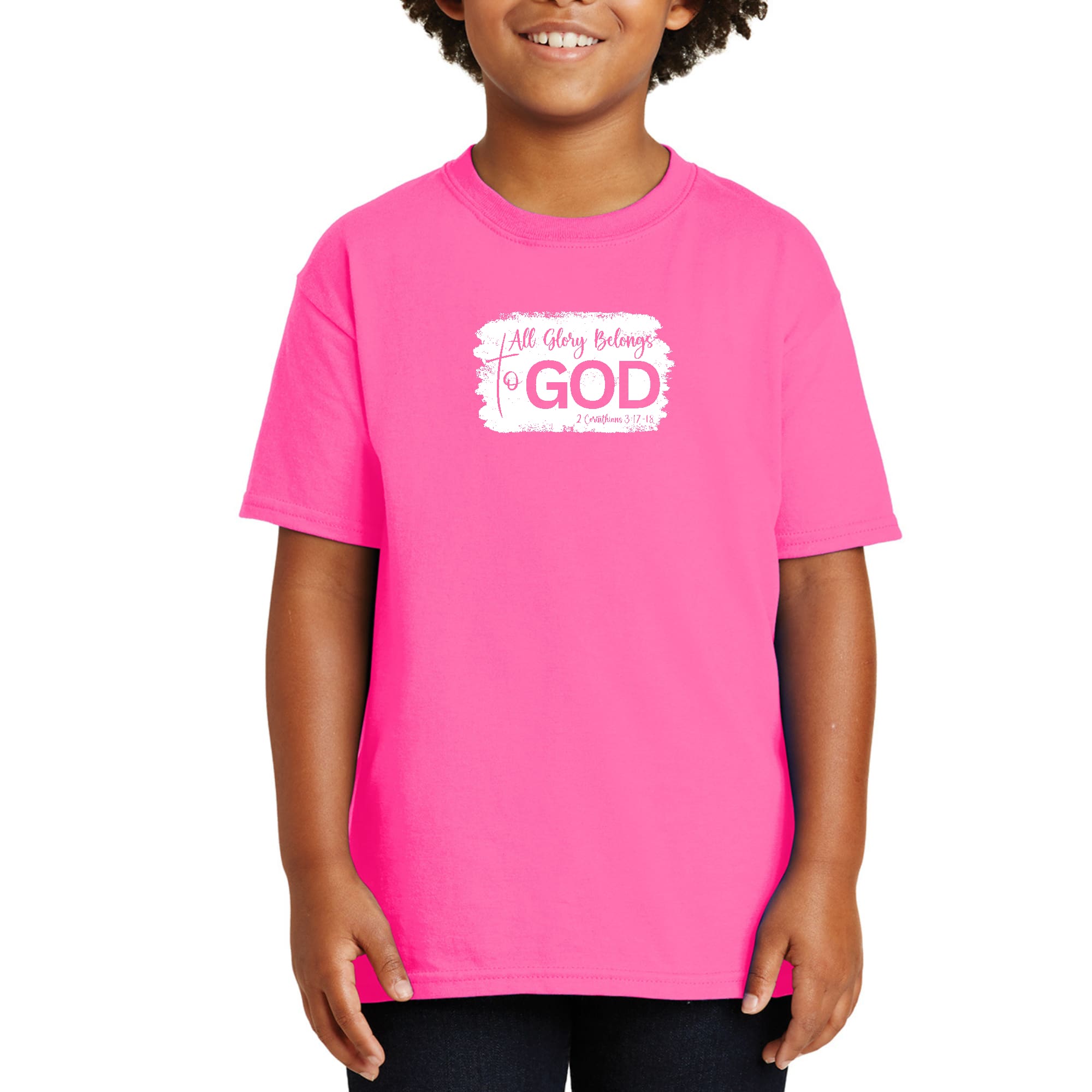 Youth Short Sleeve T-shirt featuring 'All Glory Belongs to God' graphic, made from soft preshrunk cotton, ideal for casual wear.