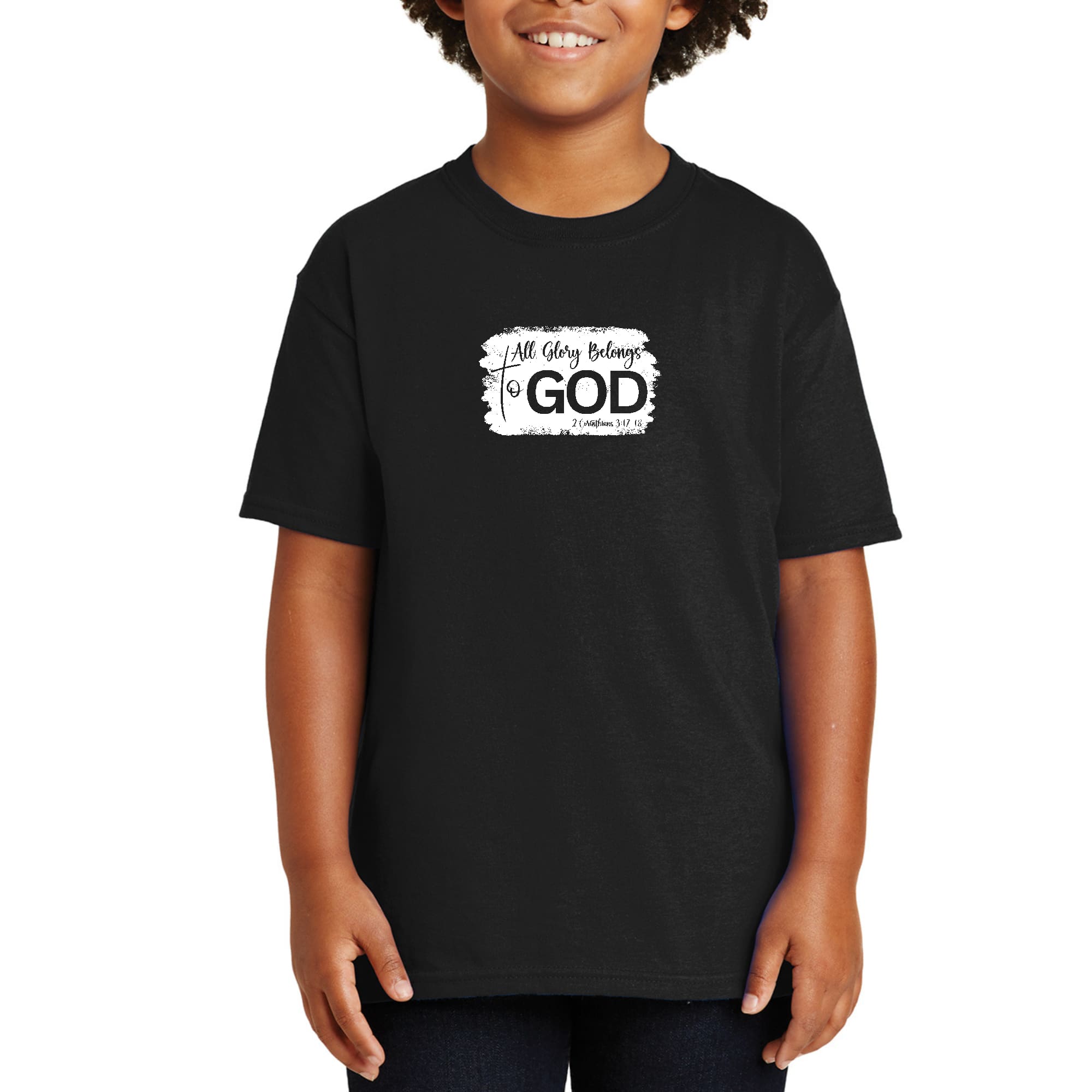Youth Short Sleeve T-shirt featuring 'All Glory Belongs to God' graphic, made from soft preshrunk cotton, ideal for casual wear.