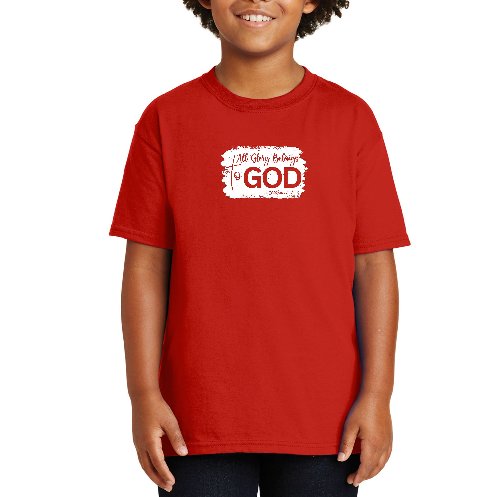 Youth Short Sleeve T-shirt featuring 'All Glory Belongs to God' graphic, made from soft preshrunk cotton, ideal for casual wear.