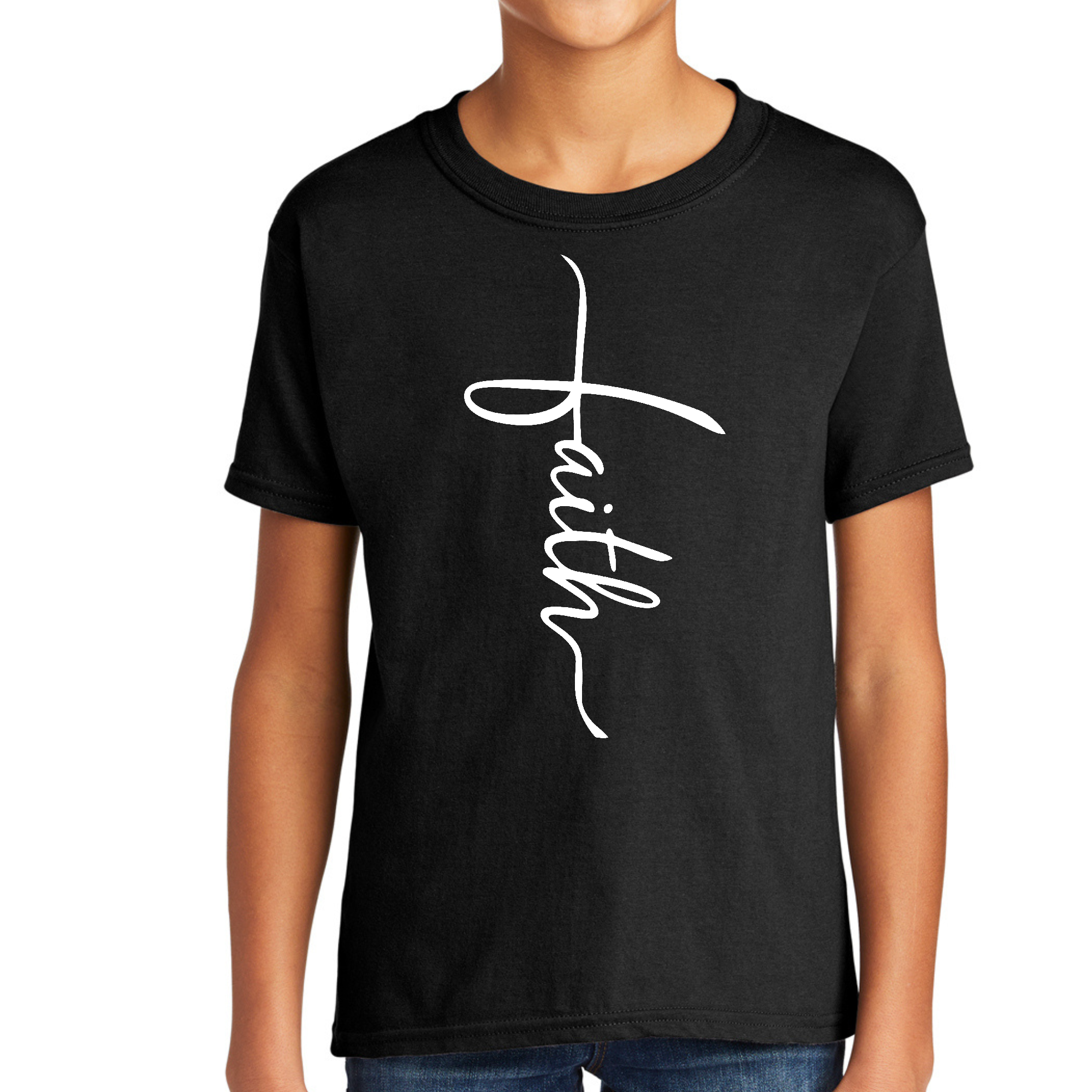 Youth Short Sleeve T-shirt featuring a Faith Script Cross illustration, made of soft cotton with a comfortable fit.