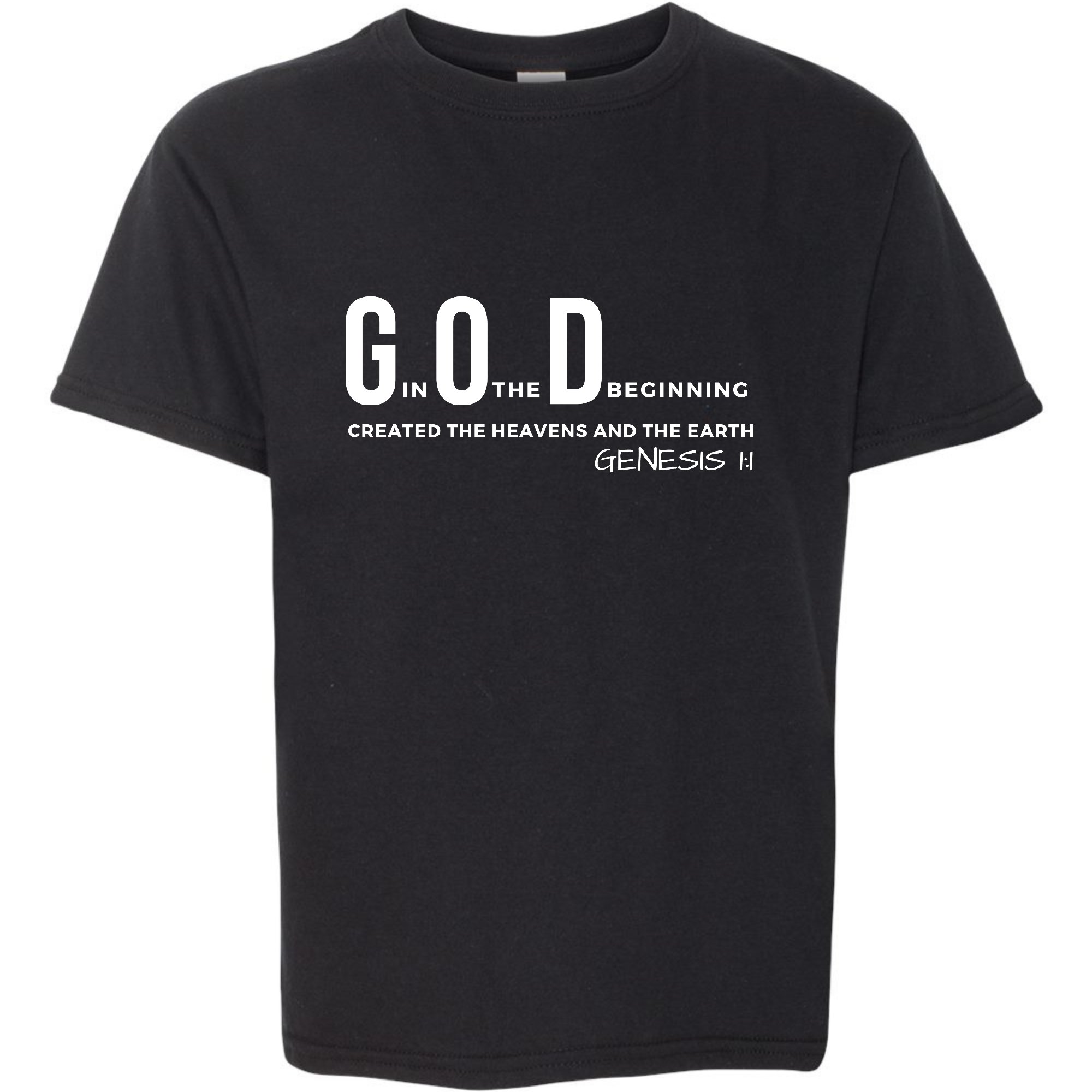 Youth Short Sleeve T-shirt with 'God in the Beginning' print, made from soft preshrunk cotton, featuring a classic fit and durable stitching.