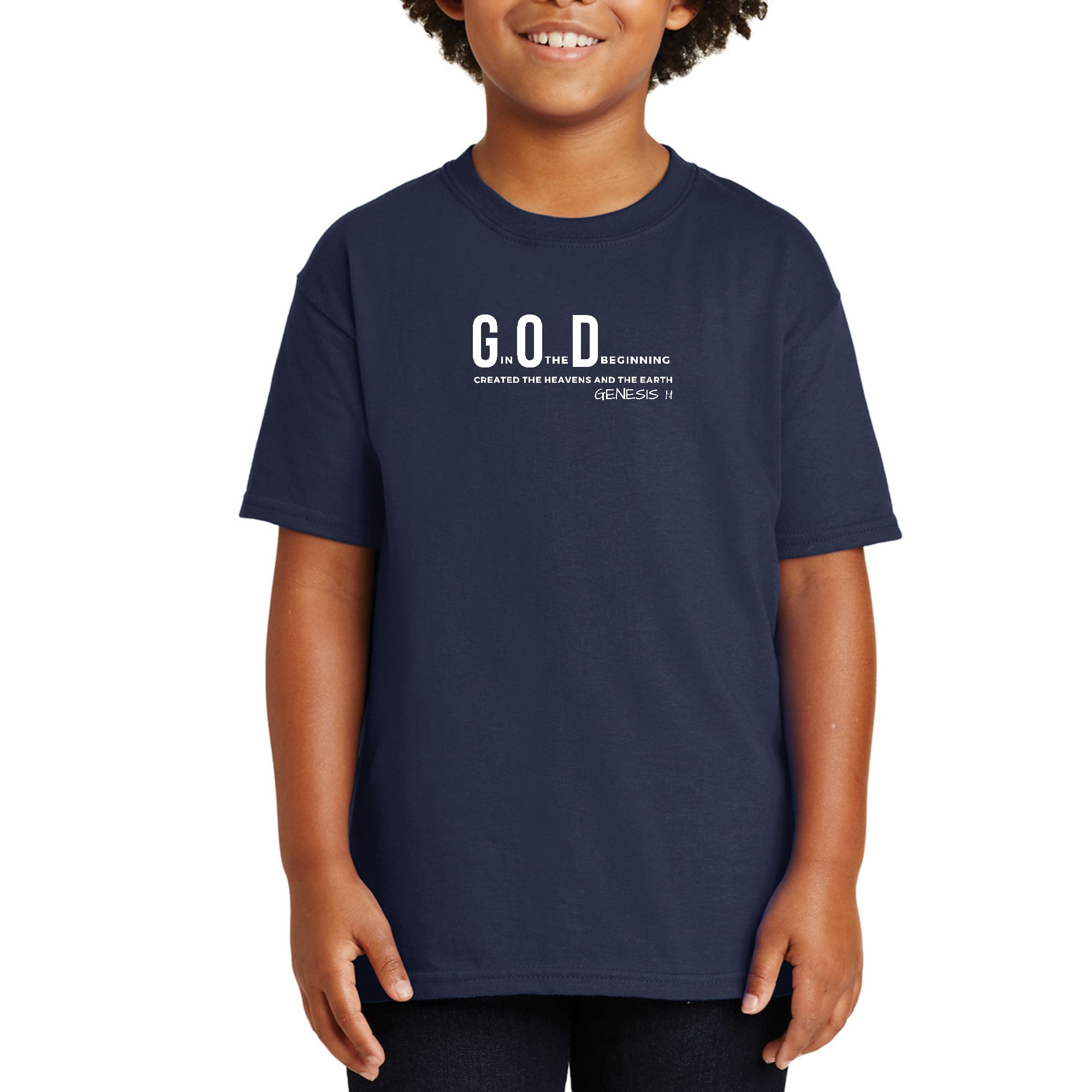 Youth Short Sleeve T-shirt with 'God in the Beginning' print, made from soft preshrunk cotton, featuring a classic fit and durable stitching.